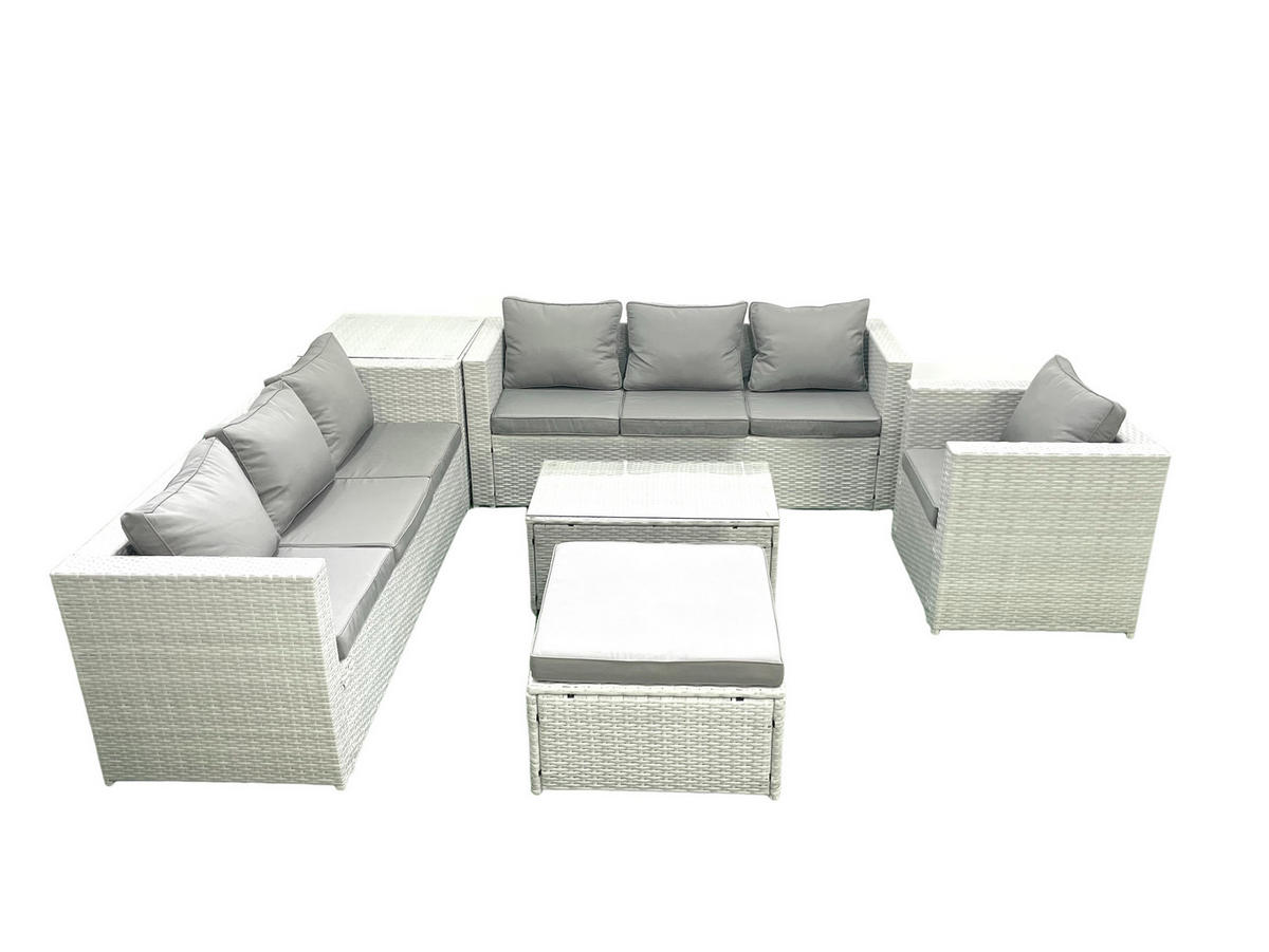 GARTENGARNITUR mit 3-SITZER SOFA,COUCHTISCH Polyrattan Hellgrau-Mix 8-Sitzer - Hellgrau/Grau, Glas/Kunststoff - Fimous