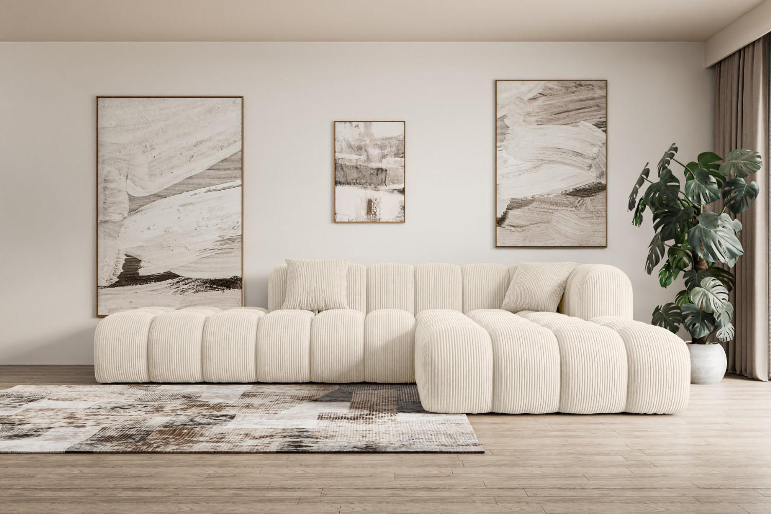 ECKSOFA Ottomane Rechts OLEA-L2 - 309x190x70 cm Beige Cord - Beige/Schwarz, Holzwerkstoff/Kunststoff (309/190cm) - ALTDECOR