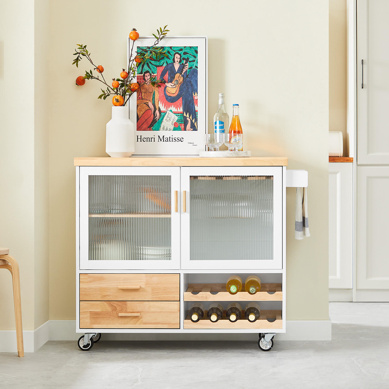 KÜCHENINSEL rollbar Weiß-Natur - Weiß, Glas/Holz (109/92/40cm) - SoBuy