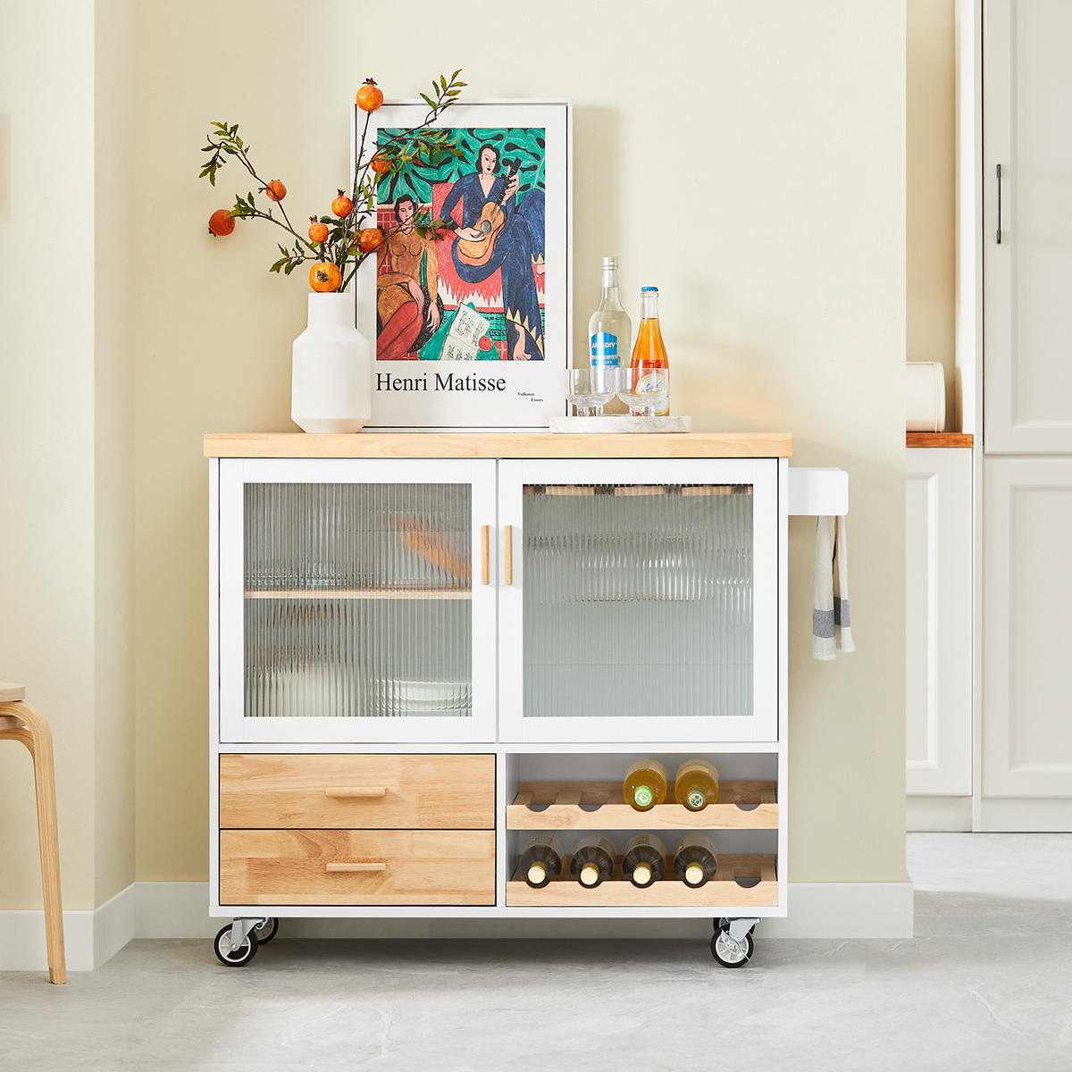 KÜCHENINSEL rollbar Weiß-Natur - Weiß, Glas/Holz (109/92/40cm) - SoBuy