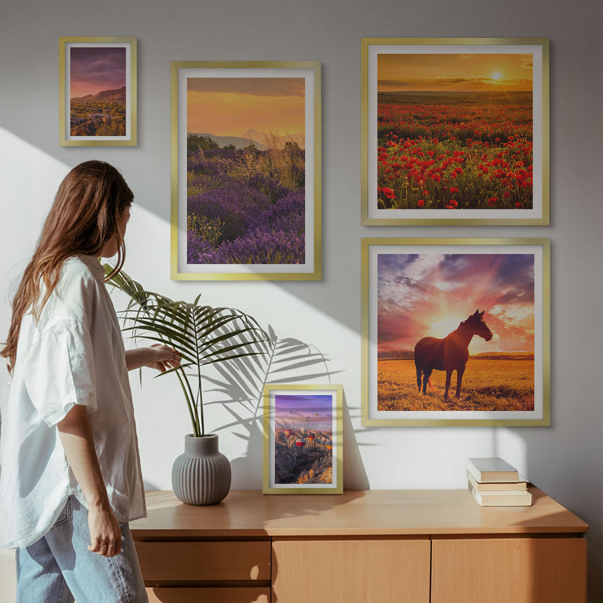 BILDER SET 5er Set - 50x50 cm & 20x30 cm & 40x60 cm Goldrahmen - Berglandschaft Rosslavendel - Goldfarben, Kunststoff (40/60cm) - TULUP