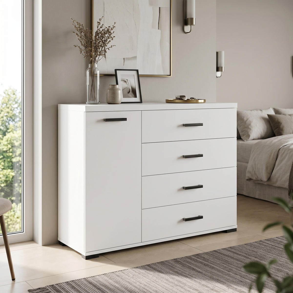 KOMMODE LIVORNO 120/85/40cm mit 4 Schubladen 1 Türen Weiß - Weiß, Holzwerkstoff (120/85/40cm) - MASSENO