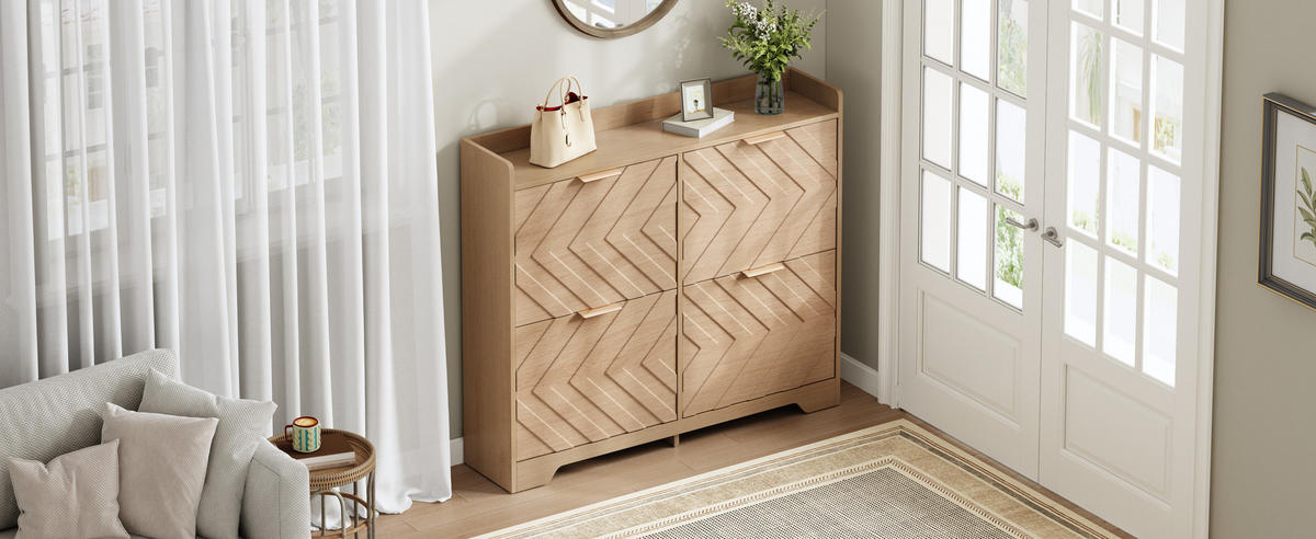 SCHUHSCHRANK 4 Klappen 3D Front mit Ablage - Naturfarben, Holz (105/90/24cm) - LEBENLANG