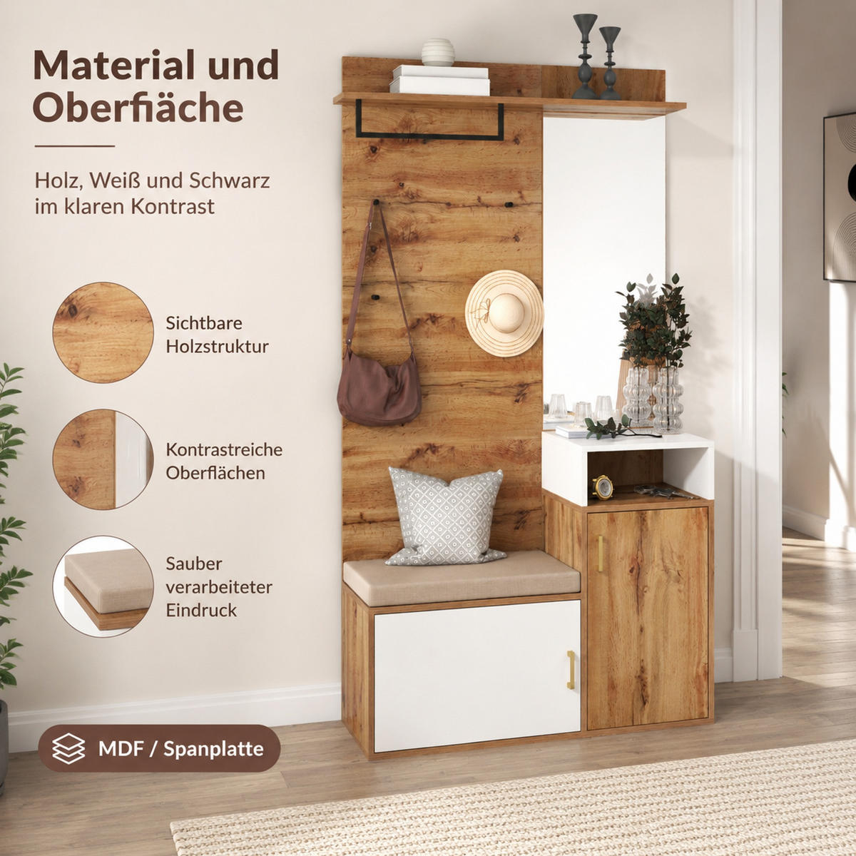 GARDEROBENSET 105/40/190,5 cm aus MDF und Spanplatte mit Spiegel und Sitzbank Weiß/Holzfarben - Weiß, Holzwerkstoff (105/190.5/40cm) - Modenvie