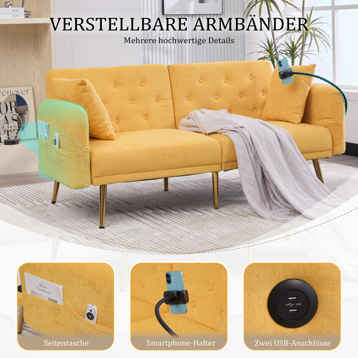 SCHLAFSOFA 2-Sitzer Chenille mit 3-fach verstellbarer Rückenlehne und USB-Anschluss Gelb 173/78/78 cm - Gelb, Textil (78/78/173cm)