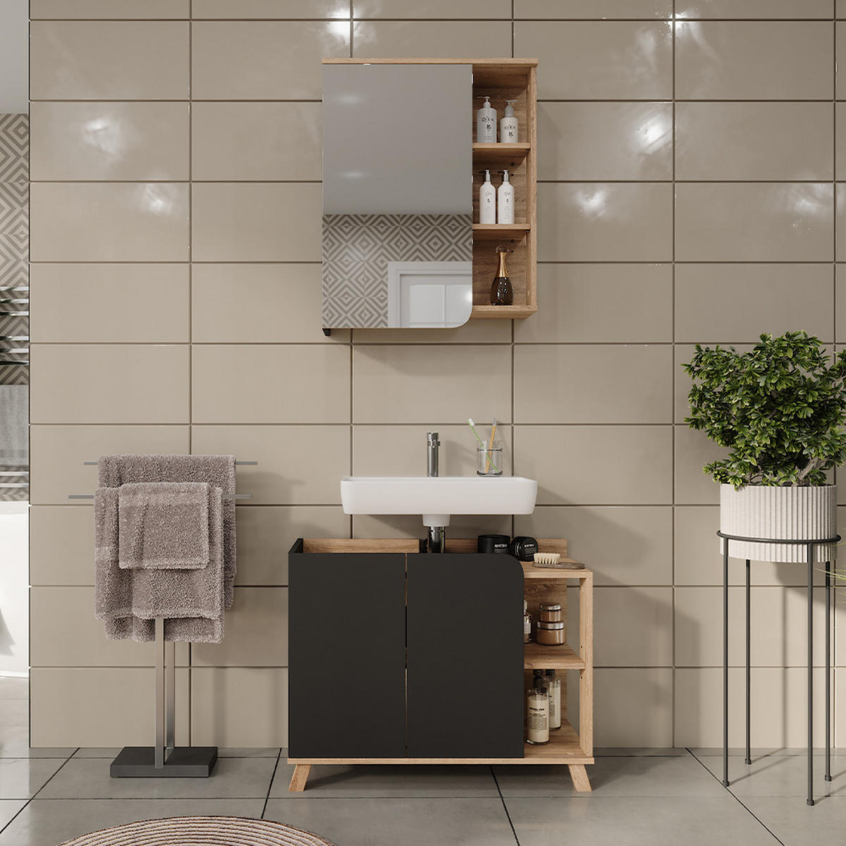 BADMÖBEL-SET Karen Sonoma/Anthrazit 2 Teile - Anthrazit, Holzwerkstoff (80/65/35cm) - Vicco