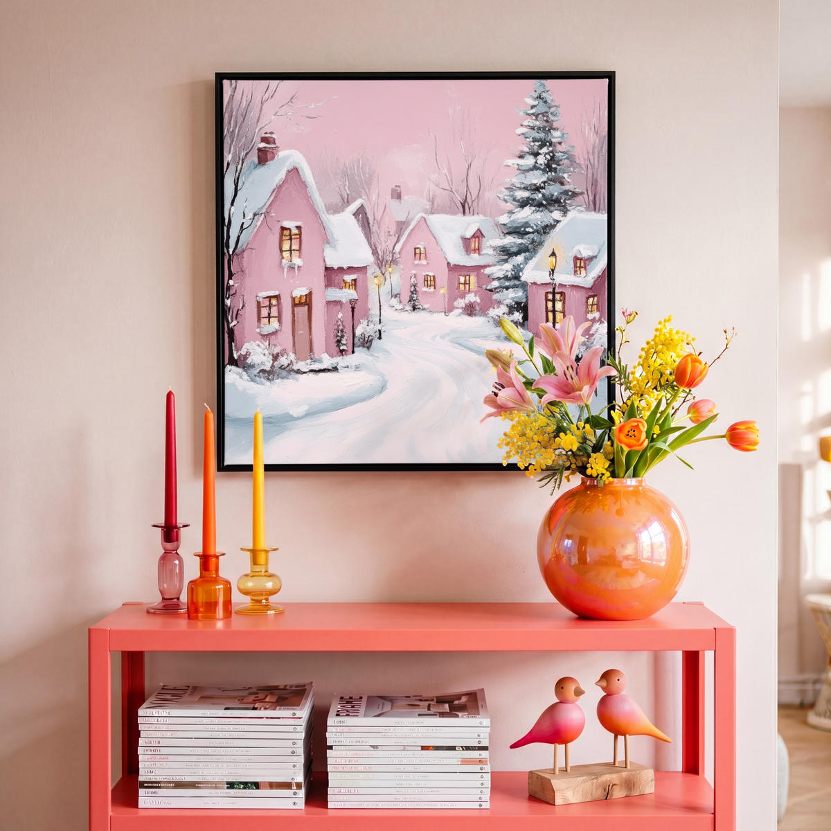 LEINWAND Bilder mit Rahmen - Weihnachtsdorf - Rosa - Winter - Schnee - Häuser - 50x50 - Altrosa, Textil (50/50cm) - MuchoWow