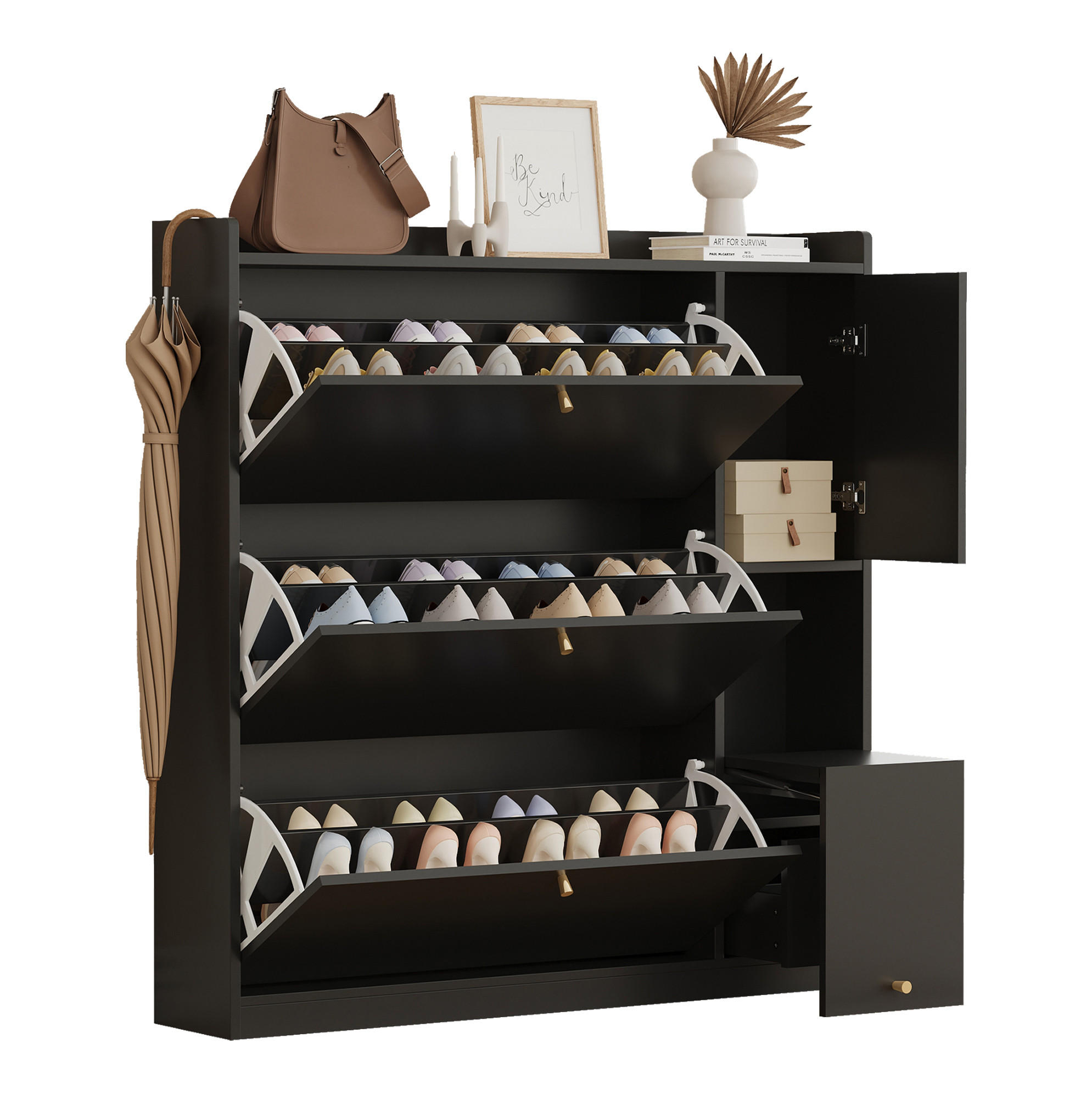 SCHUHSCHRANK 119/24/122 cm in Schwarz mit 3 Klappen und klappbarer Sitzbank - Schwarz, Holzwerkstoff (119/122/24cm) - Flora Grace