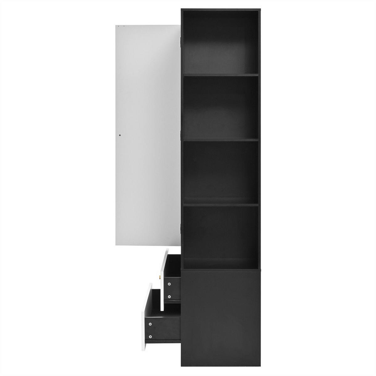 KLEIDERSCHRANK mit Spiegel und einer Tür - 2 Schubladen & 4 Fächern - 80x40x180 cm - Weiß & Schwarz - Schwarz, Holzwerkstoff (80/180/40cm) - DELFA