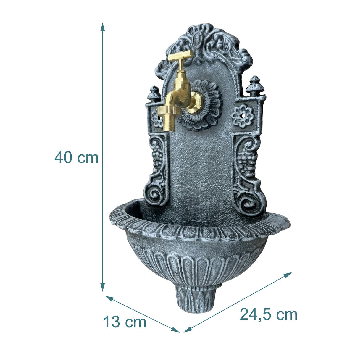 WANDBRUNNEN Grau Antik Aluminiumguss 40 cm - Grau, Metall (13/24.5/40cm) - Relaxdays
