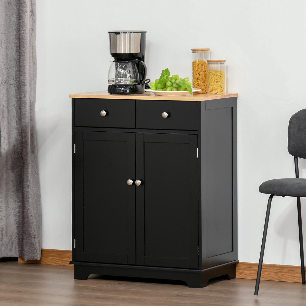 SIDEBOARD Schwarz und Naturholz, 2 Türen, 2 Schubladen, 68/40,3/85 cm - Schwarz, Holz (68/85/40.3cm) - PANGIVO