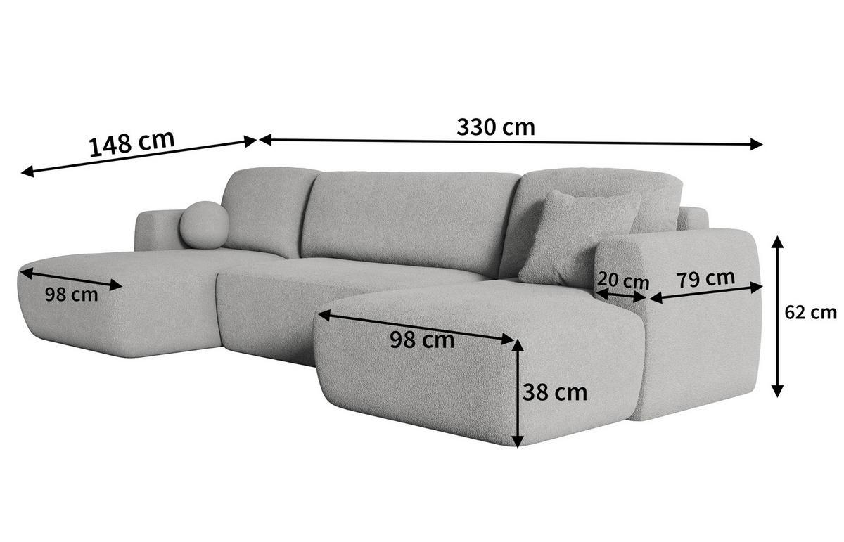 WOHNLANDSCHAFT SENTUM N Grün Boucle-Stoff mit Schlaffunktion - Grün, Holz (330/90/148cm) - MASSENO