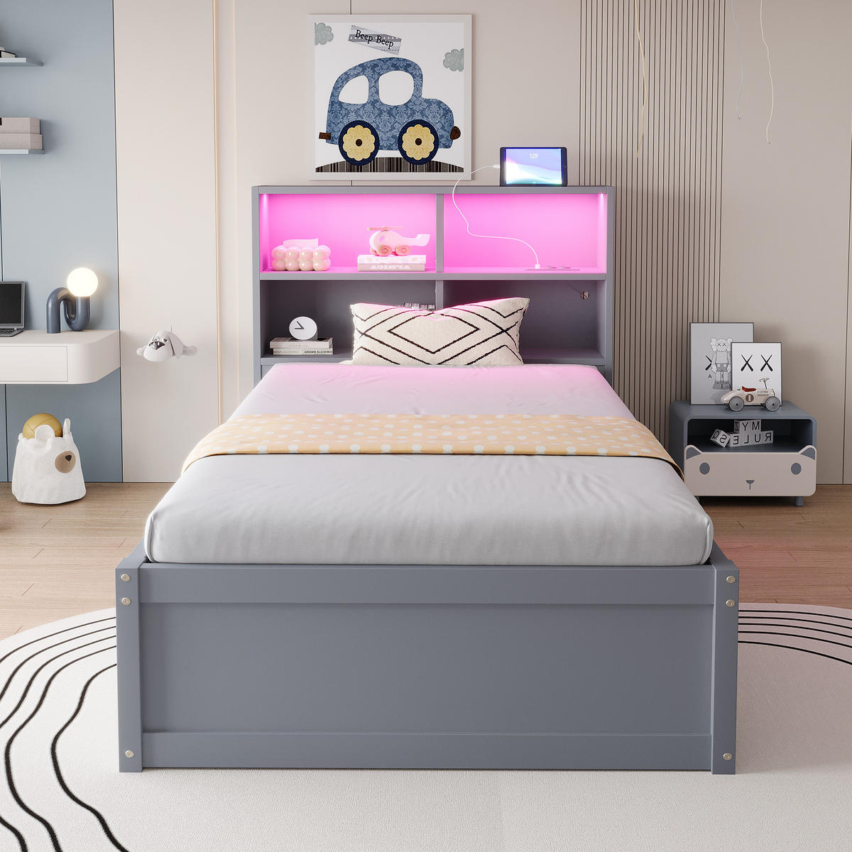 BETT 90/200 cm mit Multifunktionssteckdose, LED-Beleuchtung & Stauraum Grau - Grau, Holz (90/200cm) - OKWISH