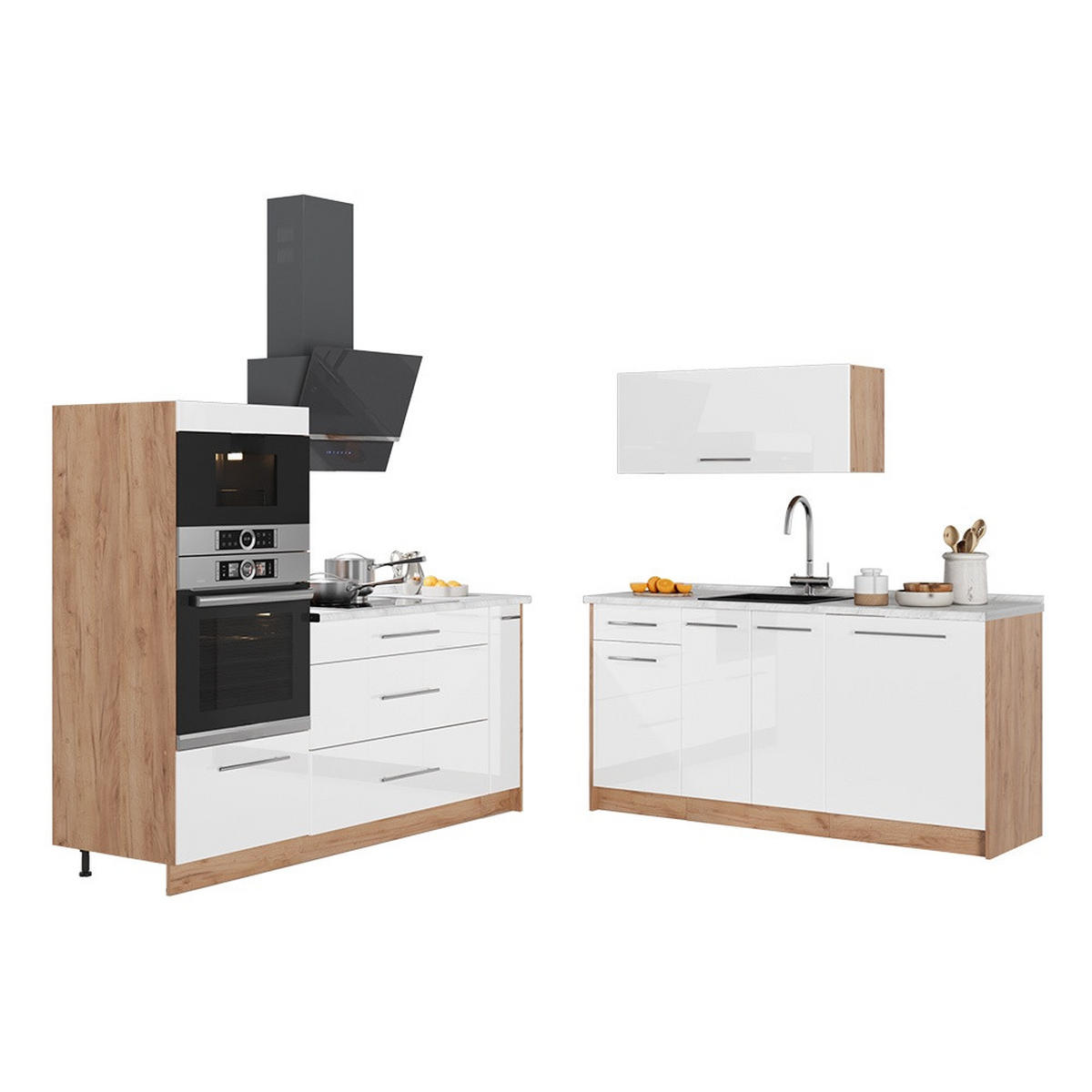 KUCHYŇA Fame-Line, Biely vysoký lesk/Dub Goldkraft, 340 cm, AP Oak - biela s vysokým leskom/dub medový, kompozitné drevo (340/153.6/60cm) - Vicco