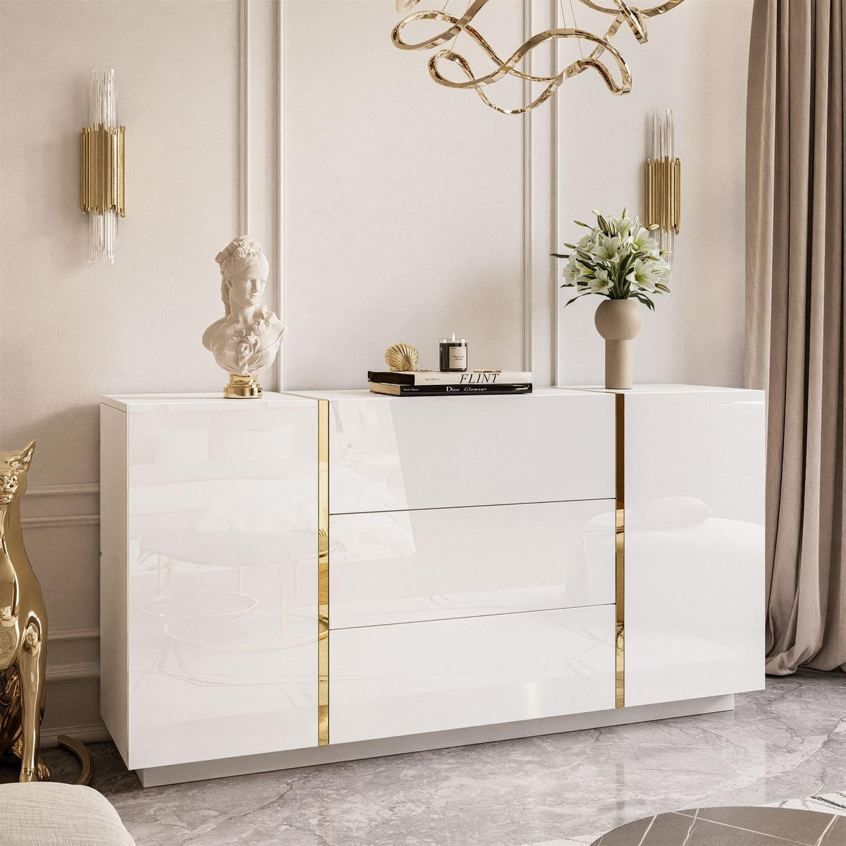 SIDEBOARD MIT SCHUBLADEN ONYX HOCHGLANZ 158 CM PUSH OPEN - Weiß, Holzwerkstoff (158/81/41.3cm) - Lookway
