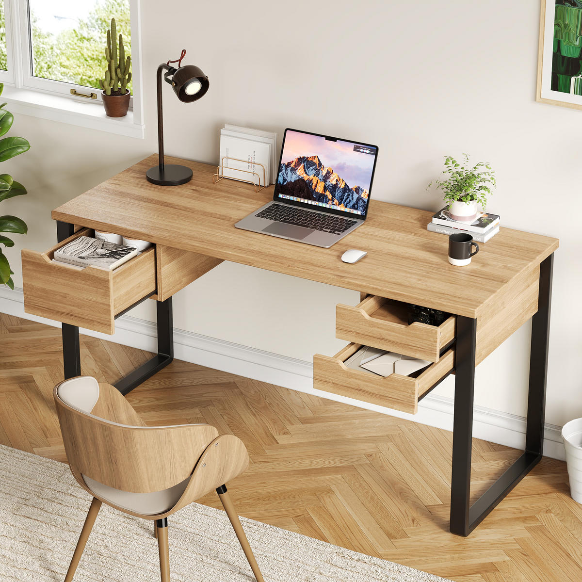 SCHREIBTISCH Holzfarben und Schwarz 130/55/76 cm mit 3 Schubladen - Schwarz, Holzwerkstoff (55/130/76cm) - PANGIVO