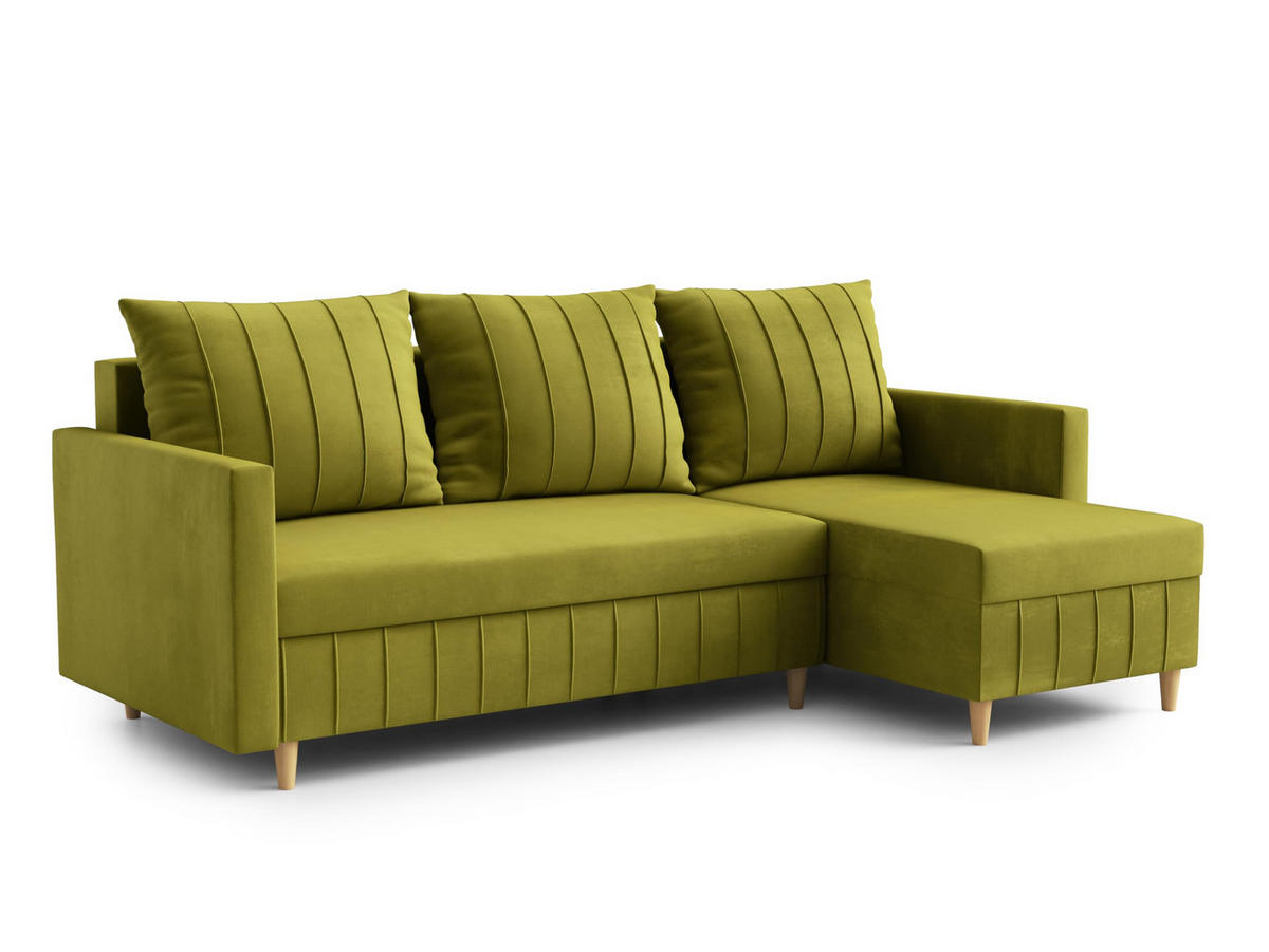 ECKSOFA FOX L-förmig Modernes Verstellbare Kopfstützen Luxuriöser Velours Schlaffunktion lose Rückenkissen freistehend RECHTS 224x146x98 cm Yellow - Gelb, Holz/Textil (224/146cm) - DomoHome