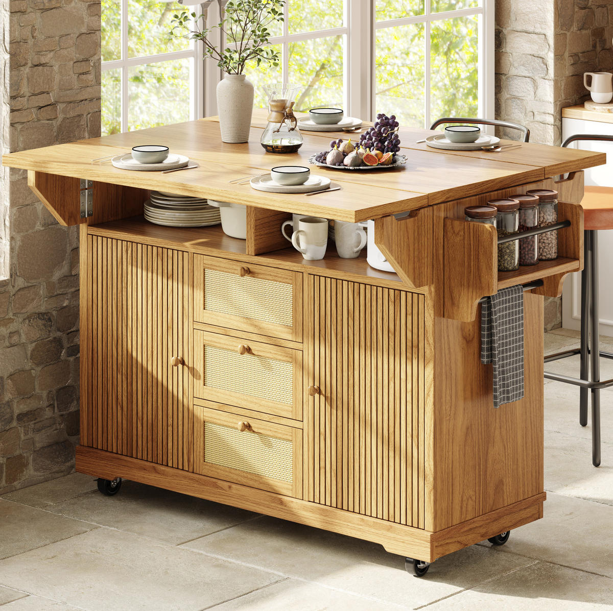 SERVIERWAGEN ausklappbar 142,5 x 80 x 95 cm Naturholz - Naturfarben, Holz (80/95/142.5cm) - Beauniv