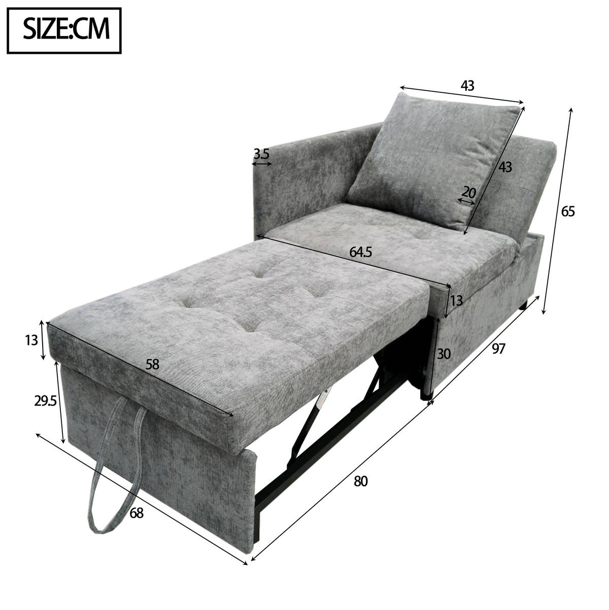 SCHLAFSOFA 3-in-1 177 x 68 cm Leinen Grau - Grau, Metall (68/65/177cm) - Meubliv