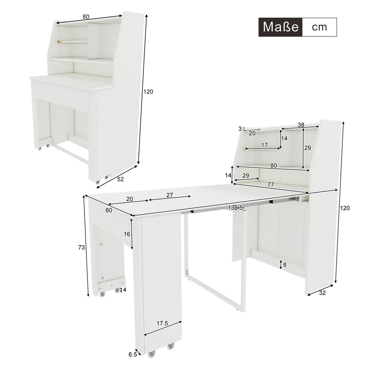 ESSTISCH aus Spanplatte 52-132,5x80x76 cm Weiß mit Stauraum, ausziehbarer Tischplatte und Glasfach - Weiß, Holzwerkstoff (80/52/76cm) - Modfu