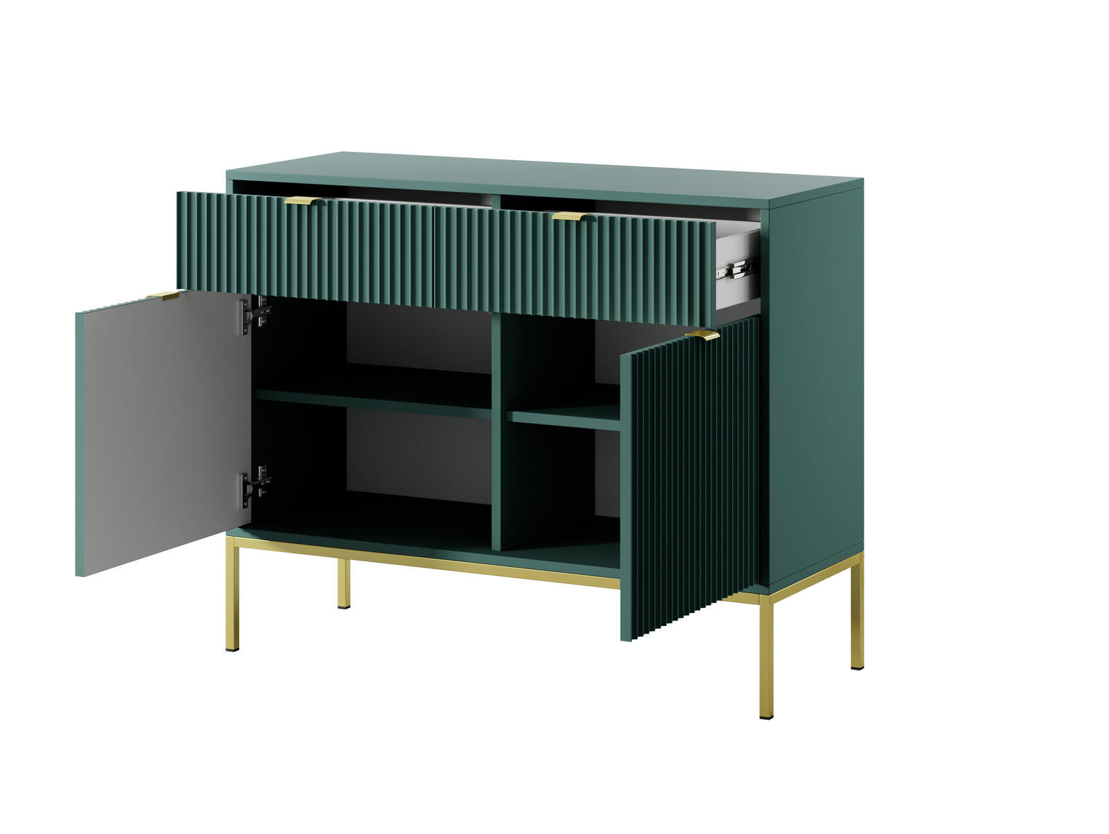KOMMODE Kioto 104 cm in Grün mit goldenen Beinen und geriffelten Fronten - Dunkelgrün/Goldfarben, Holzwerkstoff/Metall (104/83/39cm) - Ravio