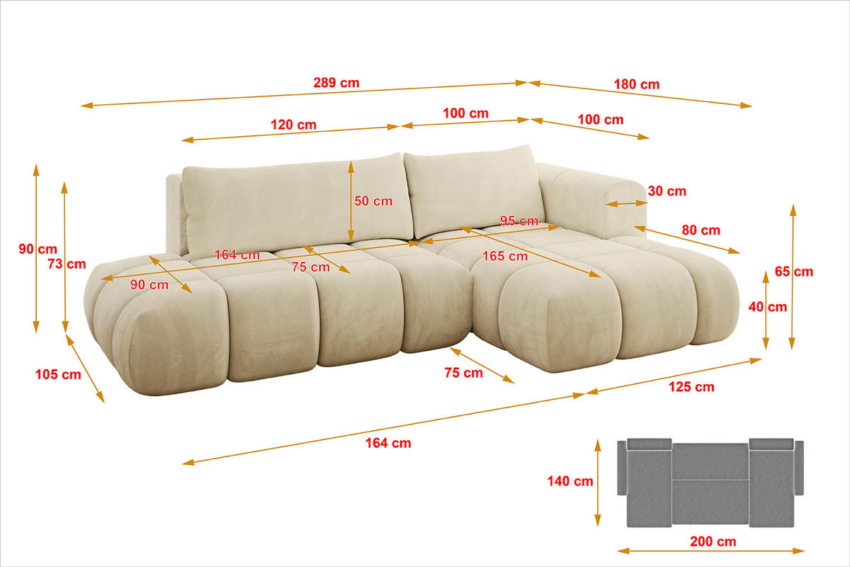 ECKSOFA Ottomane Rechts CLOUD-L 289x180x40 Beige Velours - Beige, Holzwerkstoff/Kunststoff (289/180cm) - ALTDECOR