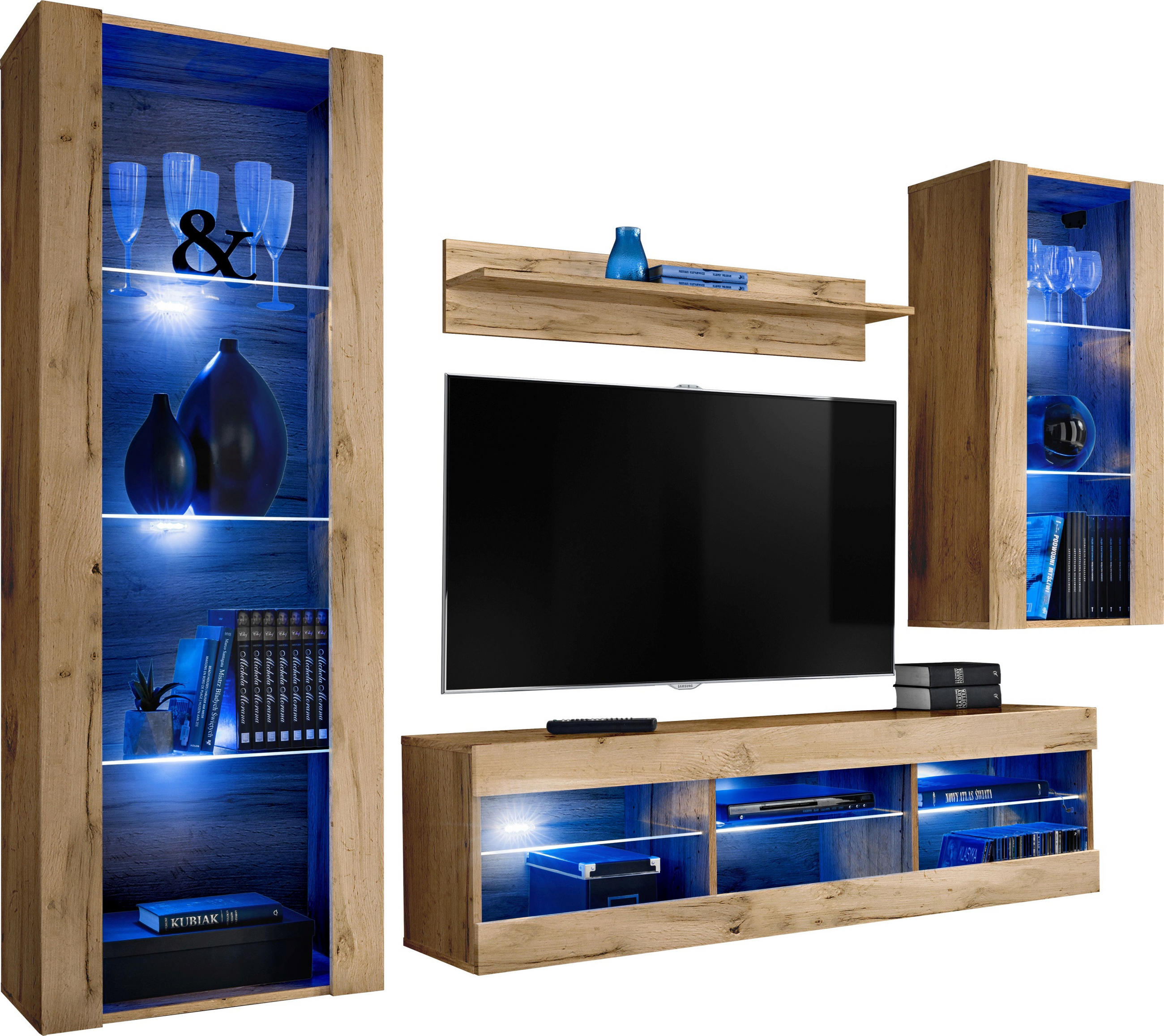 WOHNZIMMERSET TIVOLI MEDIO, 4er-Set, Eiche Wotan, LED Blau - Eiche Wotan, Glas/Holzwerkstoff (245/159/35cm) - Komodee