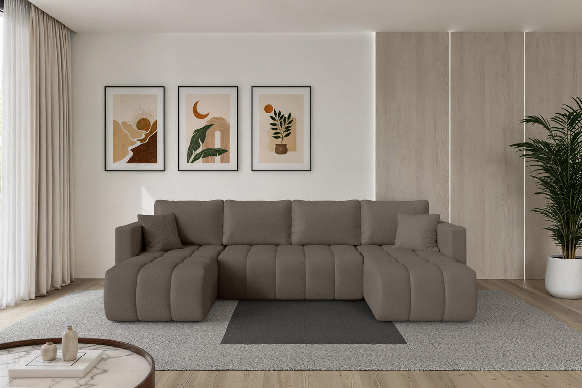 SEDACÍ SOUPRAVA DO U s funkcí spaní a úložným prostorem GARD-U 300x146x85 hnědá bouclé - černá/hnědá, kompozitní dřevo/textil (300/85/146cm) - ALTDECOR