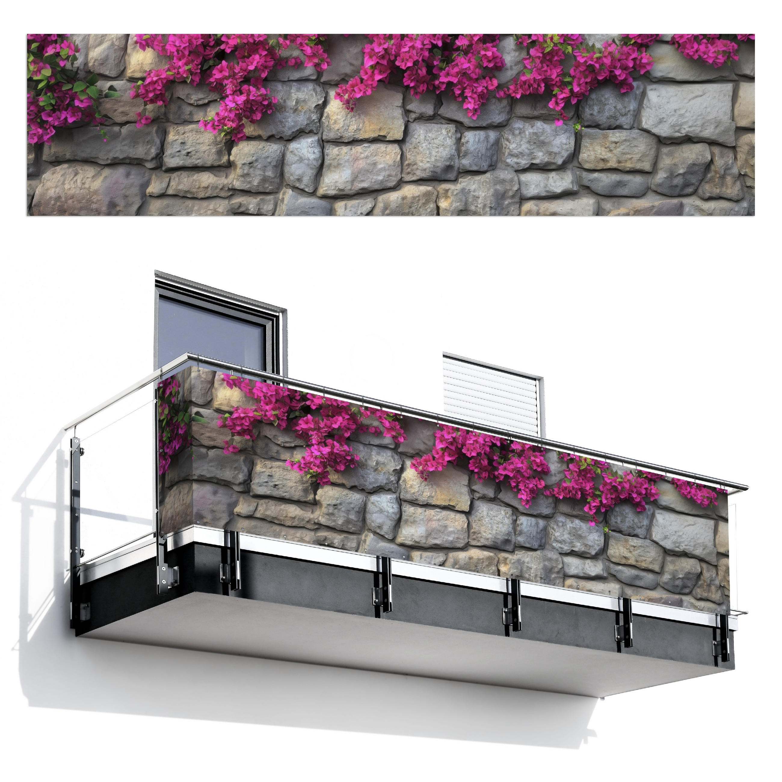 BALKON-SICHTSCHUTZ Bougainvillea - Steinmauer - Rosa - Magenta, Kunststoff (500/130cm) - MuchoWow