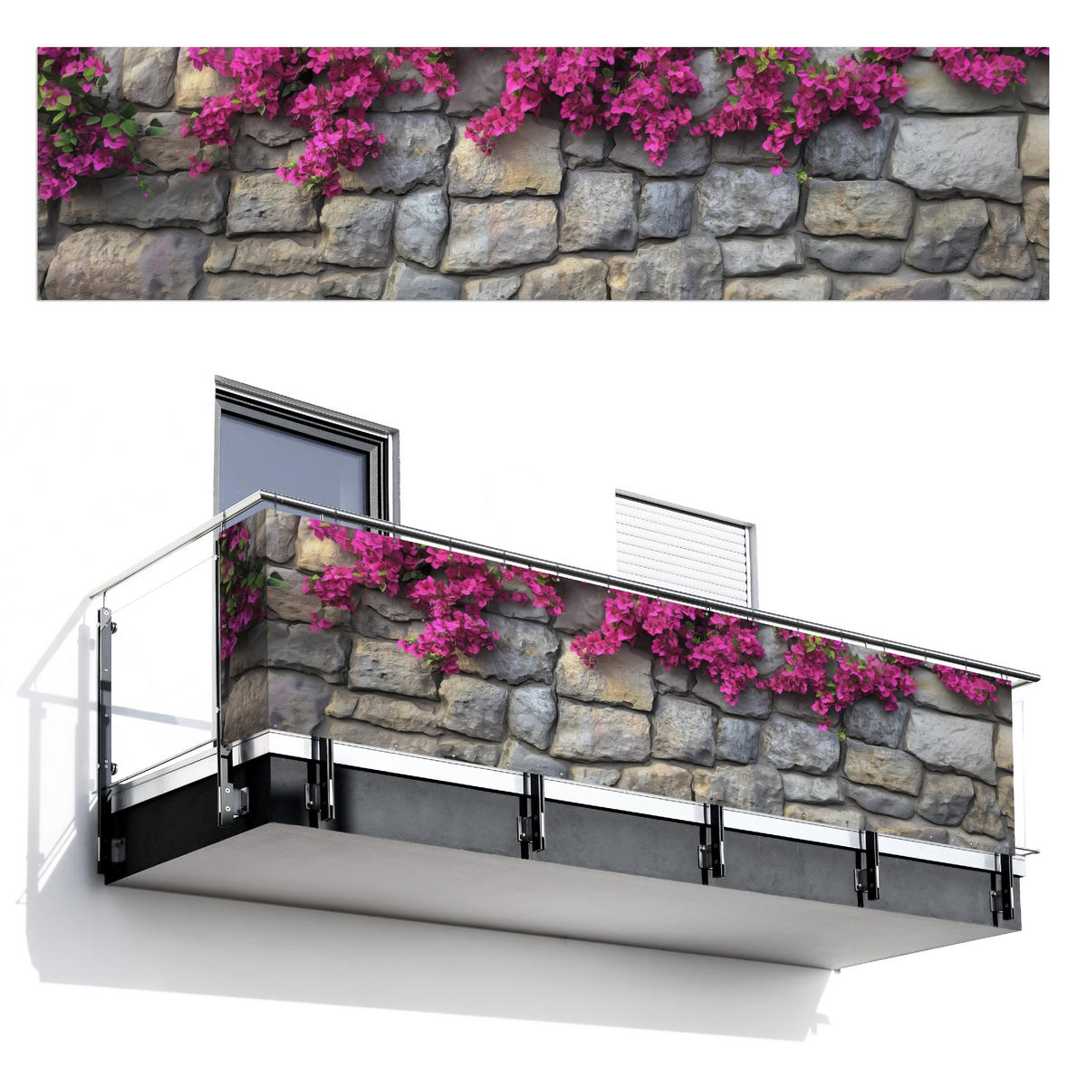BALKON-SICHTSCHUTZ Bougainvillea - Steinmauer - Rosa - Magenta, Kunststoff (500/130cm) - MuchoWow