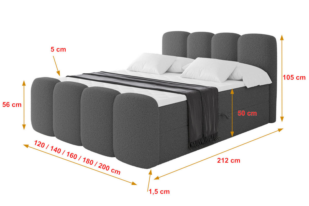 BOXBETT mit Matratze H3 - NINA-Z - 160x200 cm Grau - Titanfarben, Holzwerkstoff (160/200cm) - ALTDECOR