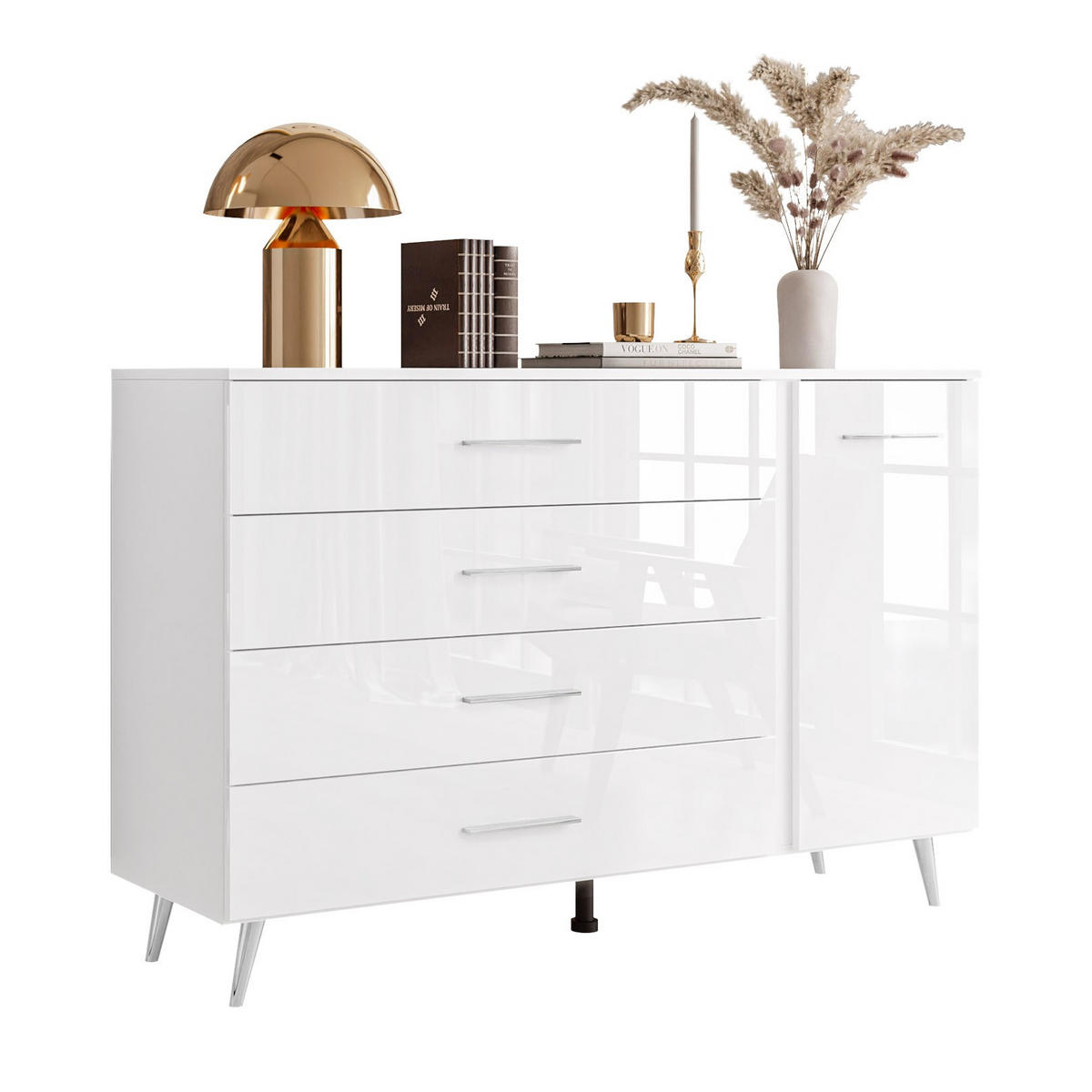 KOMMODE AURA II mit Griffen und LED-Beleuchtung Beinfarbe – Chrom - Silberfarben/Weiß, Holzwerkstoff (138/90/40cm) - Lookway