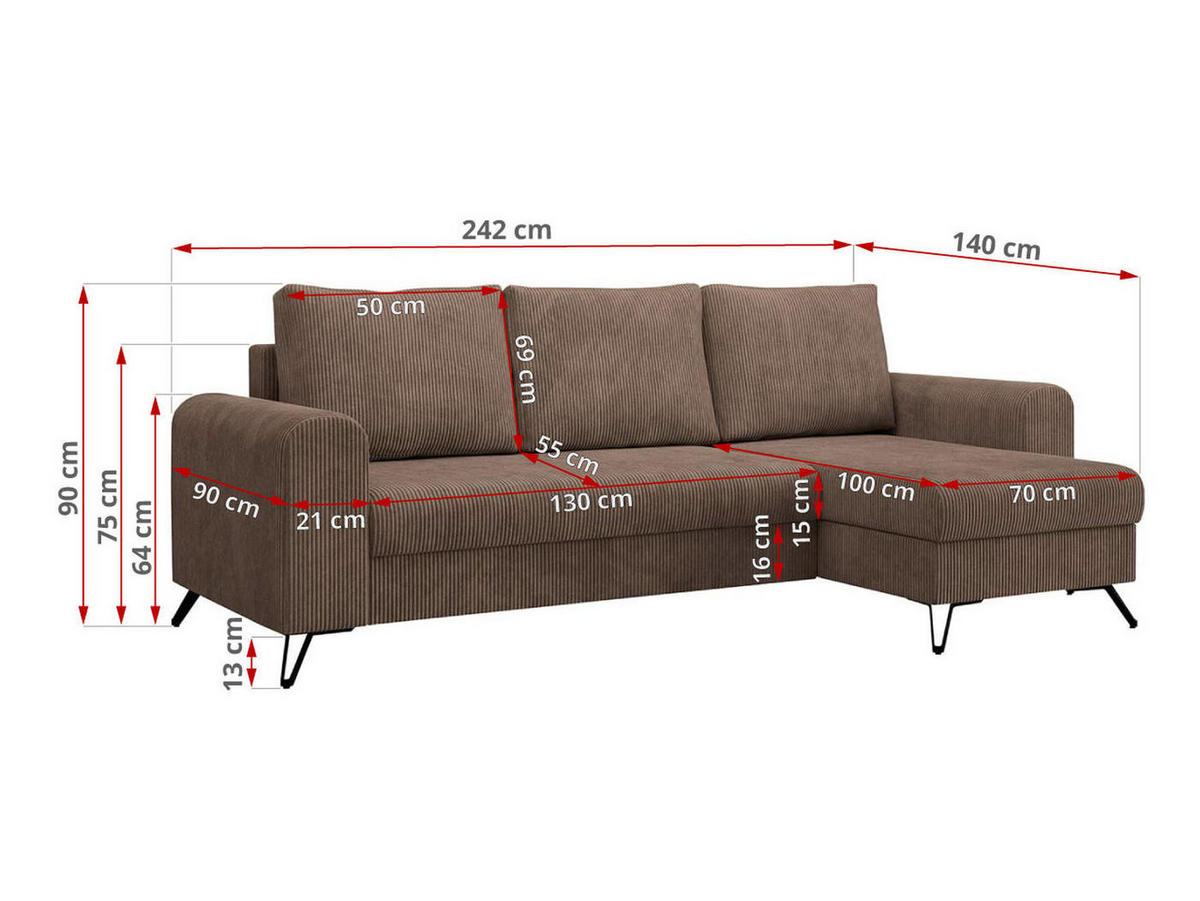 ECKSOFA Hugo Cord Hellbraun - Hellbraun/Schwarz, Textil/Metall (242/140cm) - MKS