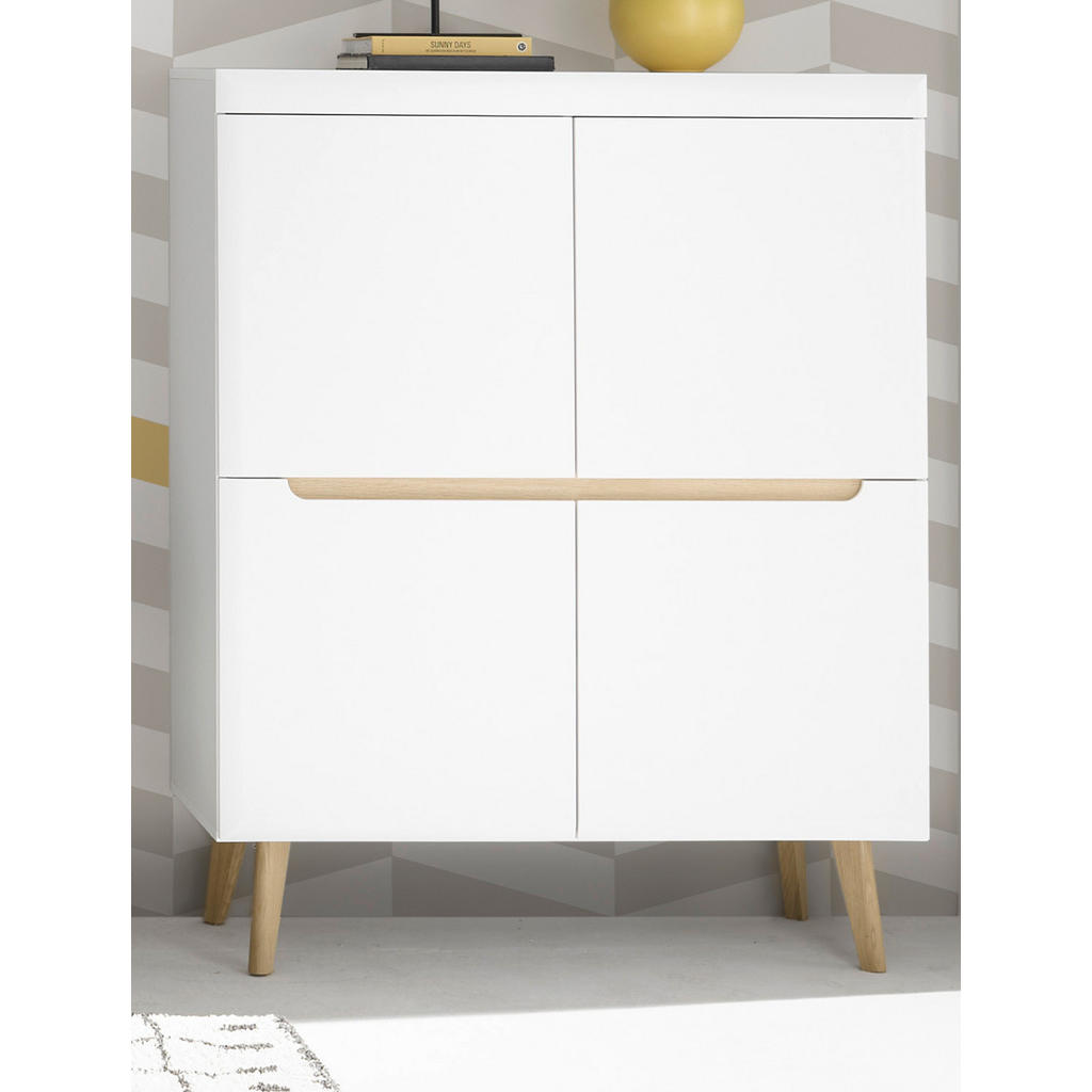 Thumbnail - Furn.Design Highboard, Weiß, Eiche, Holzwerkstoff, Nachbildung, Echtholz,Eiche, Holz Optik, Uni, 4 Fächer, Rechteckig, e...
