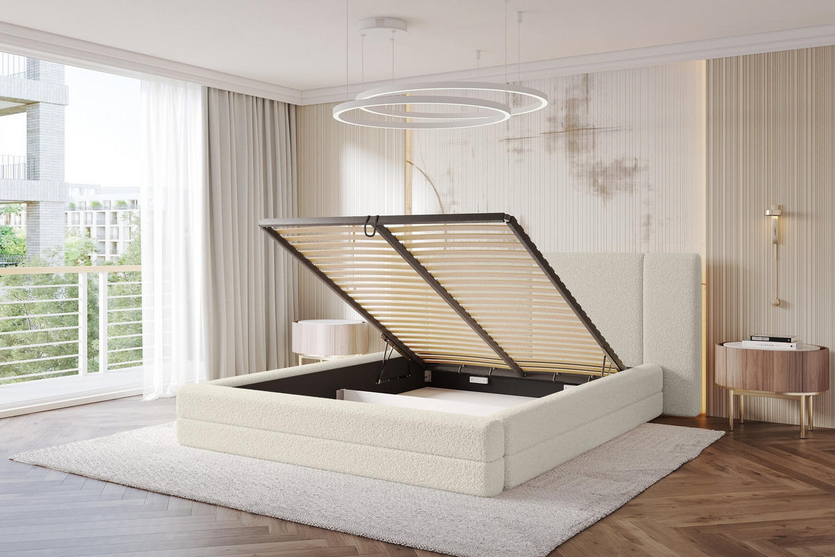 POLSTERBETT mit Bettkasten und Lattenrost, Bett mit Matratze H3/H4 - TEVO 180x200 Beige - Champagner, Holzwerkstoff/Textil (180/200cm) - ALTDECOR