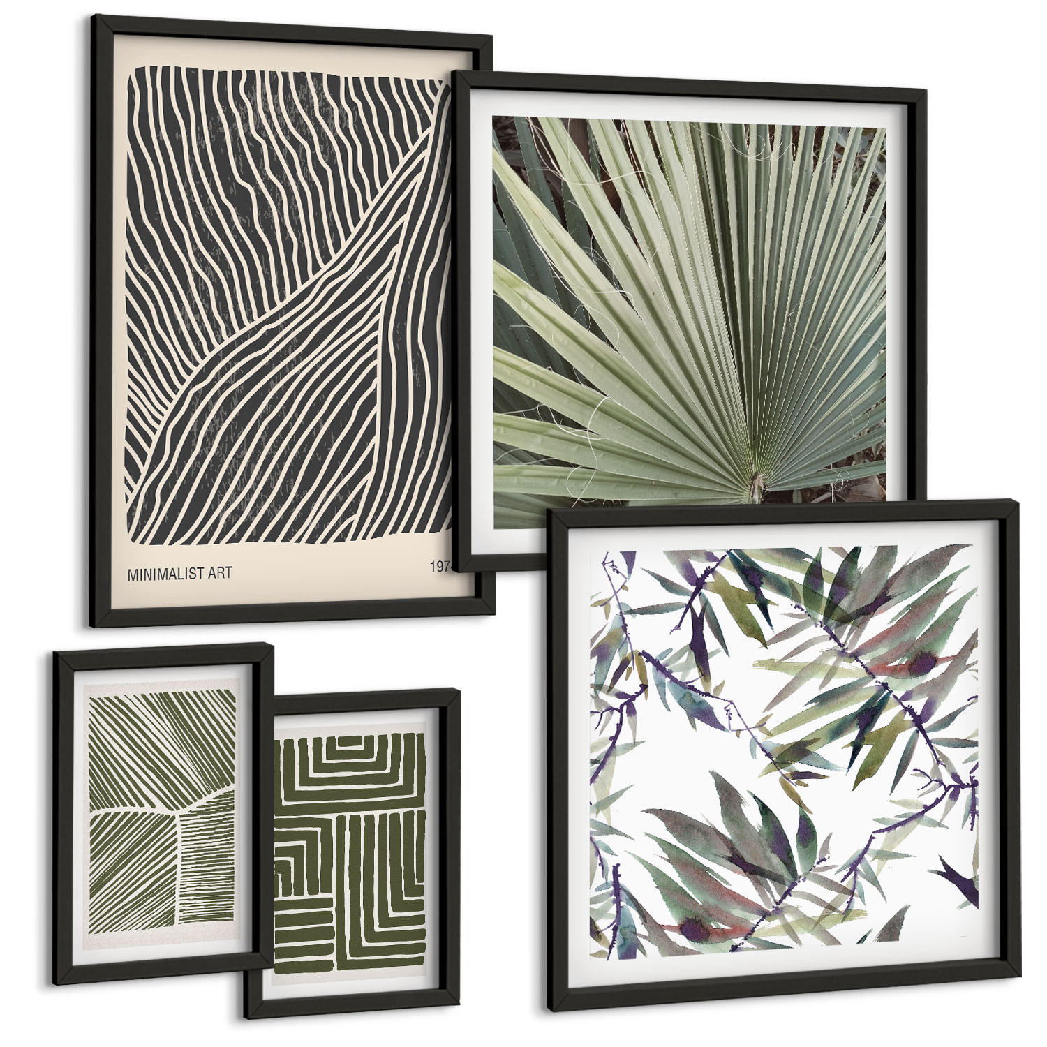 BILDER SET 5er Set - 50x50 cm & 20x30 cm & 40x60 cm Schwarzer Rahmen - Formmuster in Grün - Schwarz, Kunststoff (40/60cm) - TULUP