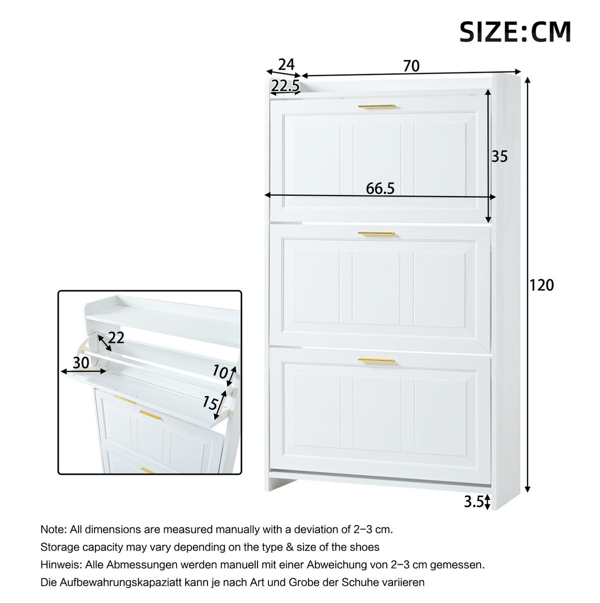 SCHUHSCHRANK 70/24/120 cm weiß aus MDF und Spanplatte mit 6 Fächern - Weiß, Holzwerkstoff (70/120/24cm) - OKWISH