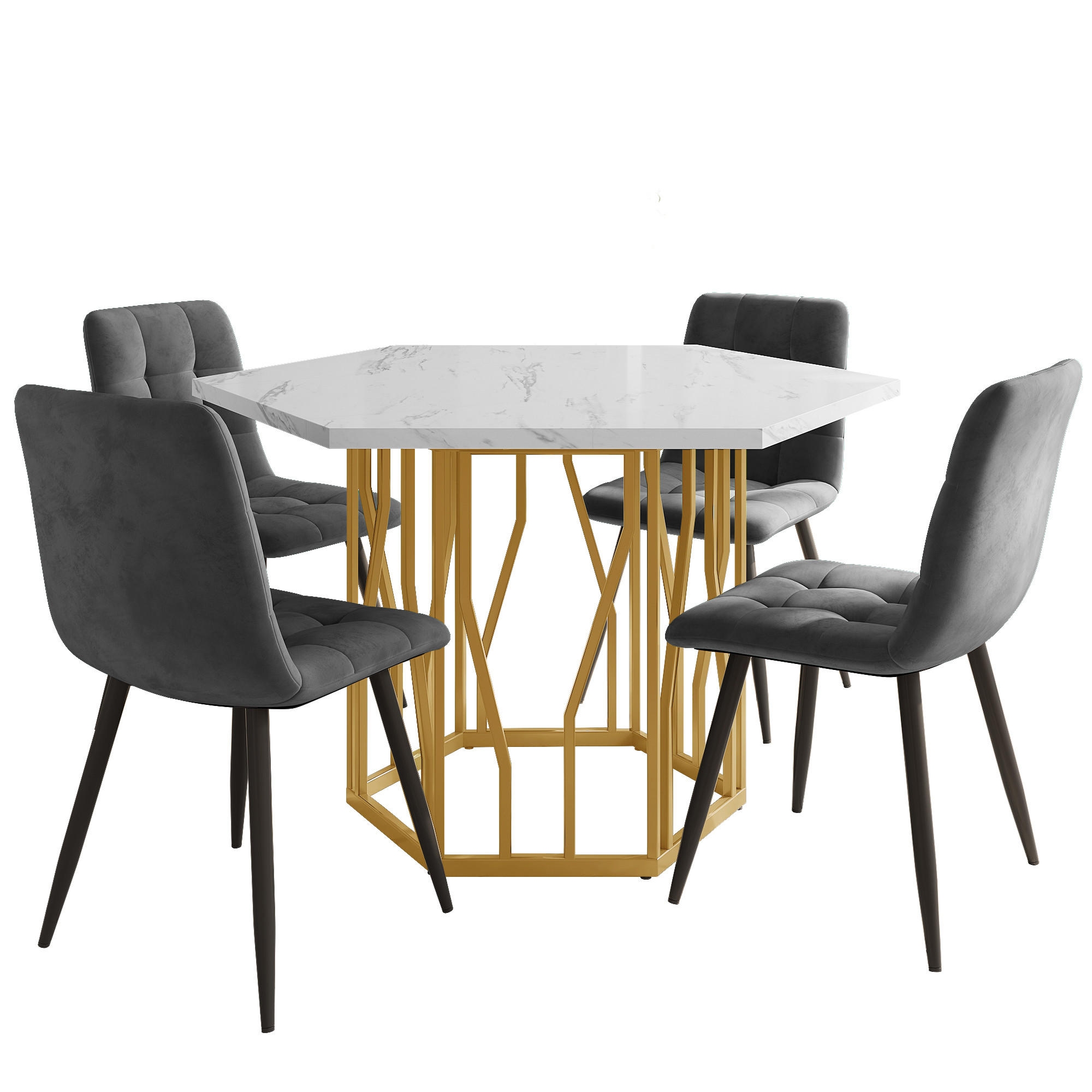 ESSGRUPPE DE-39174 sechseckiger Tisch mit 4 Stühlen Grau/Gold - Grau, Holzwerkstoff (115.5/75/100cm) - ComfortXL