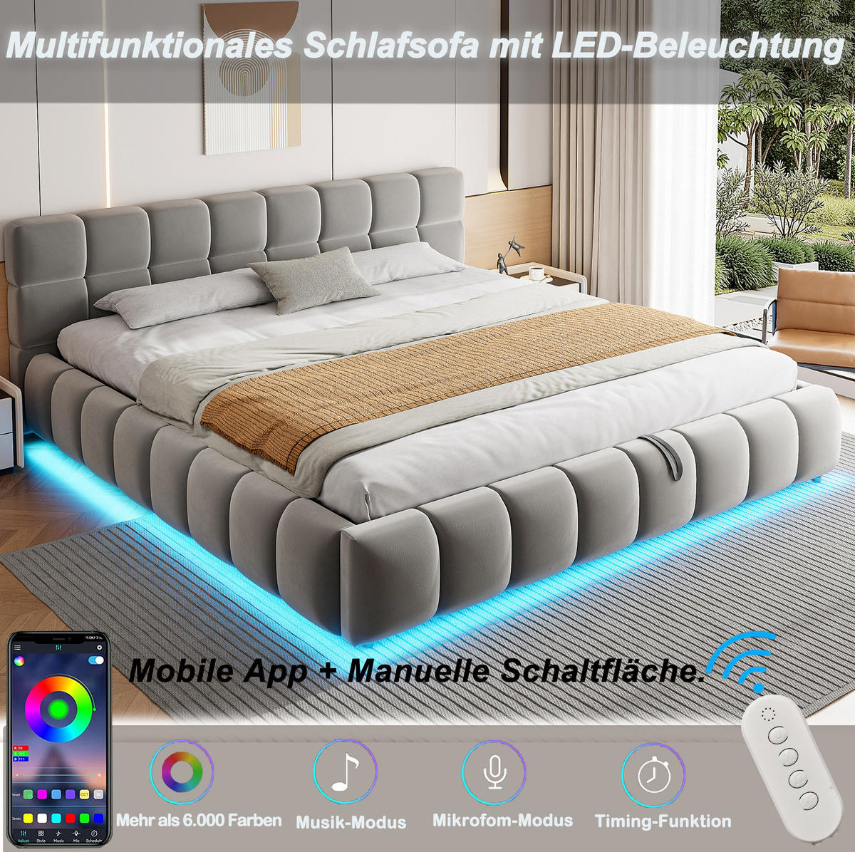 POLSTERBETT 180/200 cm aus Samt mit LED-Streifen, Grau - Grau, Textil (180/200cm) - OKMYHOME