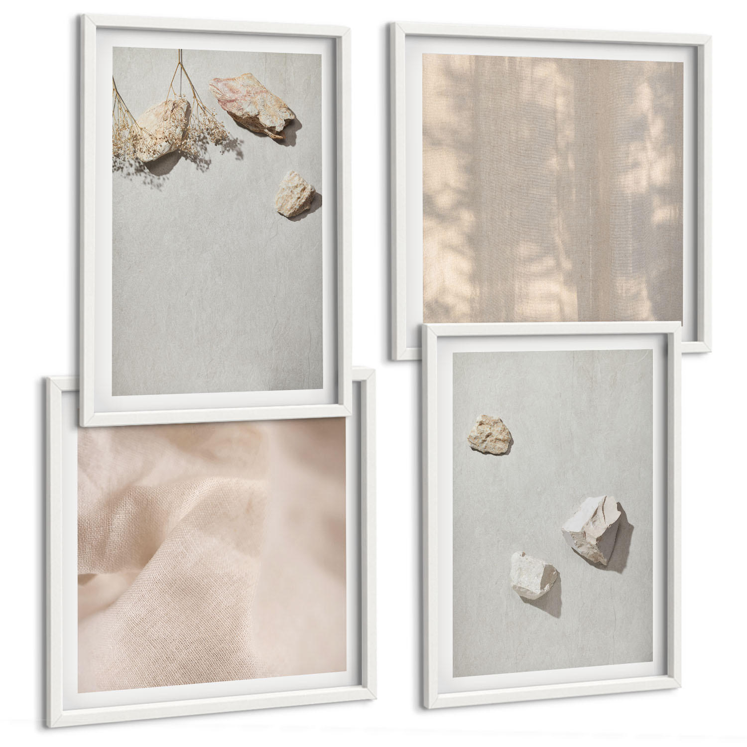 BILDER SET 4er Set - 50x50 cm & 40x60 cm Weißer Rahmen - Boho-Stranddekorationen aus Steinen - Weiß, Kunststoff (50/50cm) - TULUP