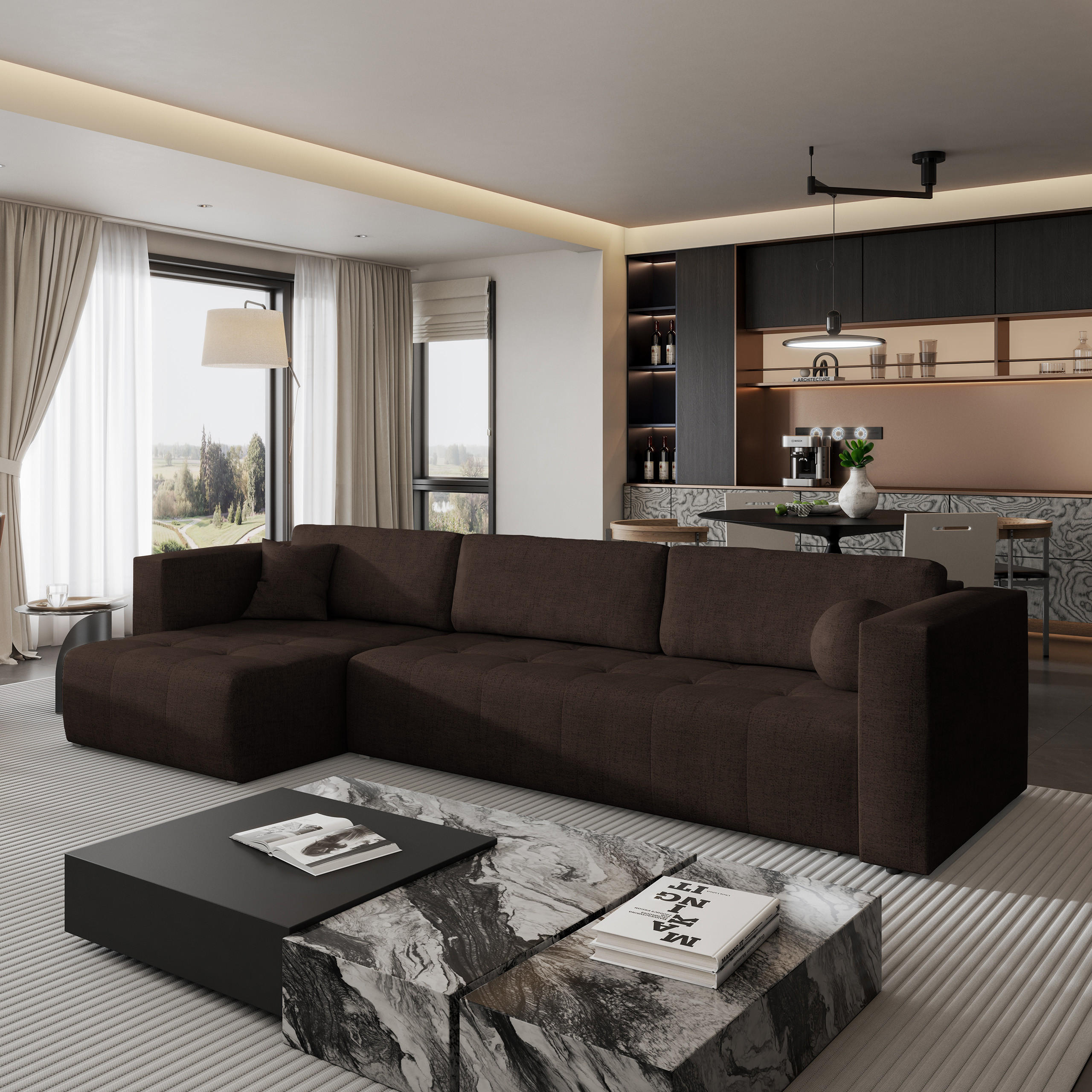 ECKSOFA OLVERA Braun Geflochtener Stoff mit Schlaffunktion - Braun, Holz (347/148cm) - MASSENO
