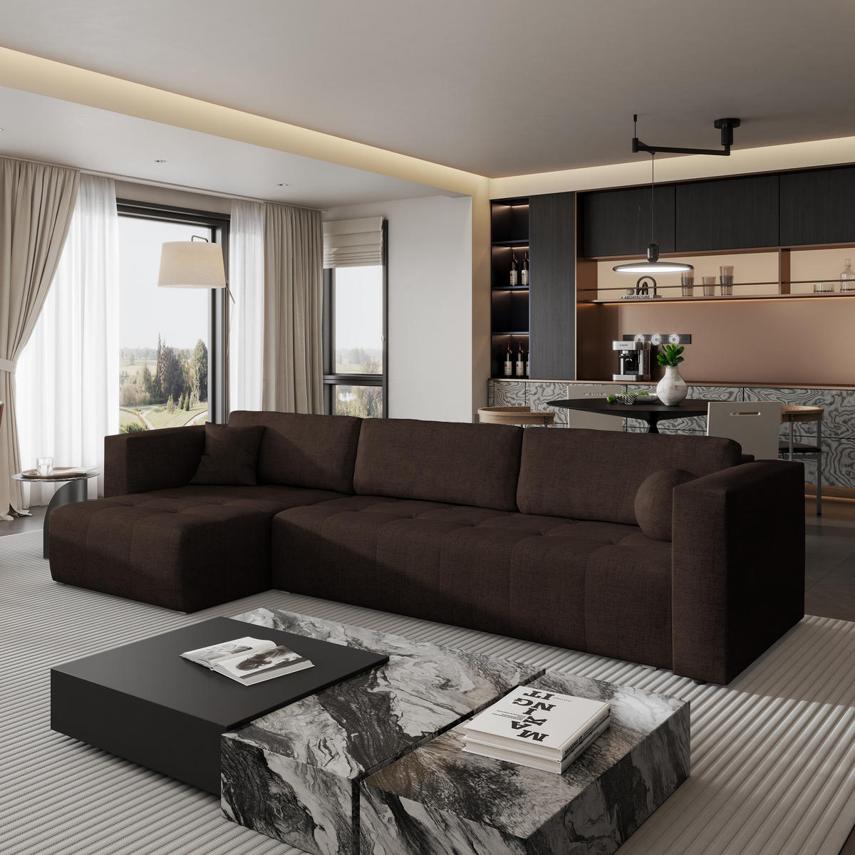 ECKSOFA OLVERA Braun Geflochtener Stoff mit Schlaffunktion - Braun, Holz (347/148cm) - MASSENO