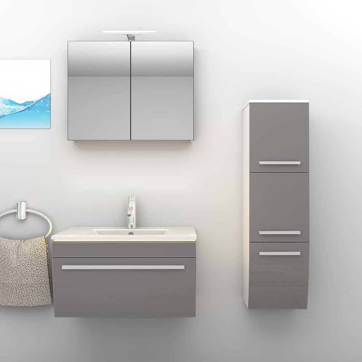 BADMÖBEL Set Gently 3 V2-R Weiß/Grau Badezimmermöbel Badspiegel Waschtisch 70 cm mit 1x 5W LED / Energiebox - Grau, Glas/Kunststoff (46/40/70cm) - AcquaVapore by Sandra Jentho