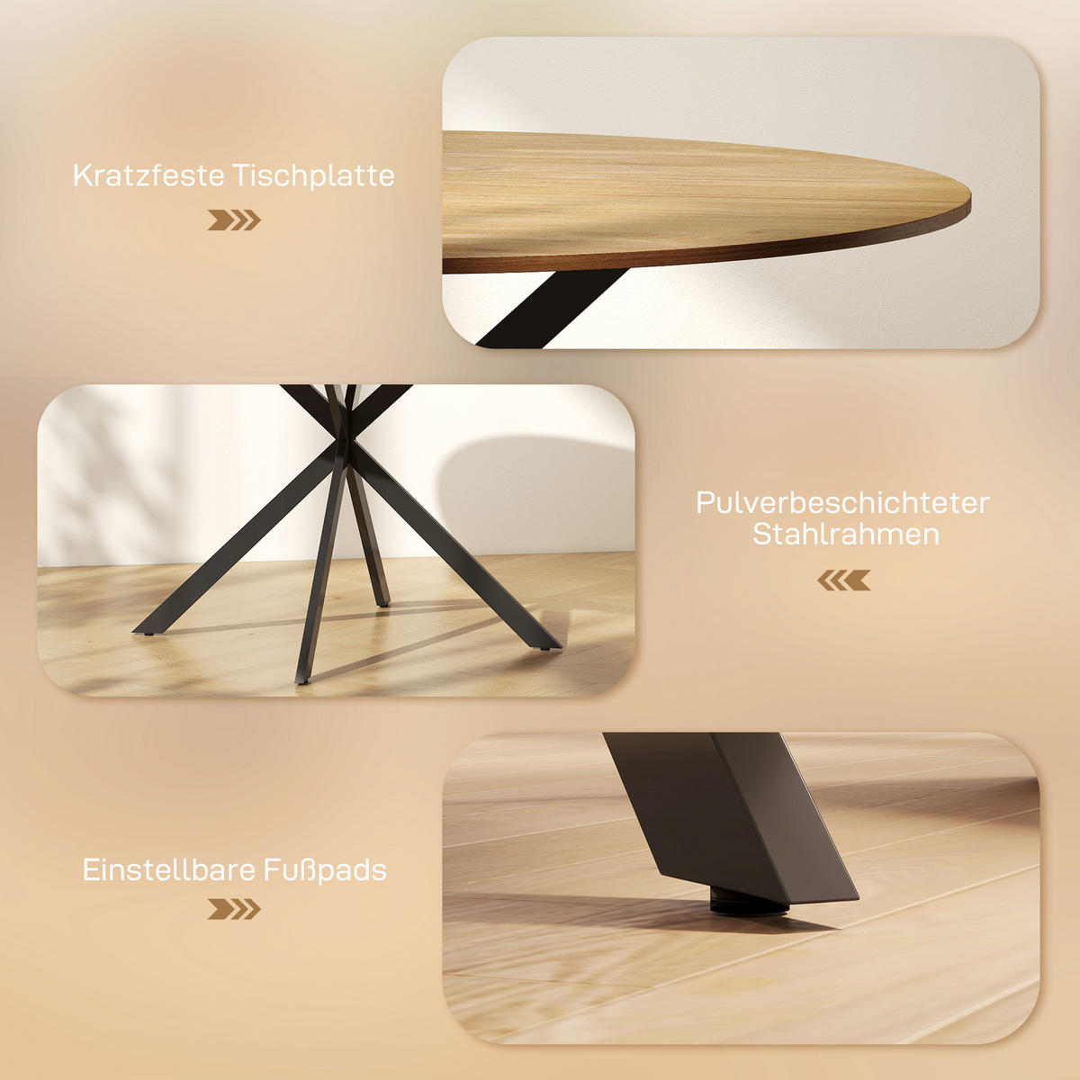 ESSGRUPPE 5er Set Spanplatte Polyester Cremeweiß Eiche - Eichefarben/Creme, Textil/Metall (120/75/120cm) - HOMCOM