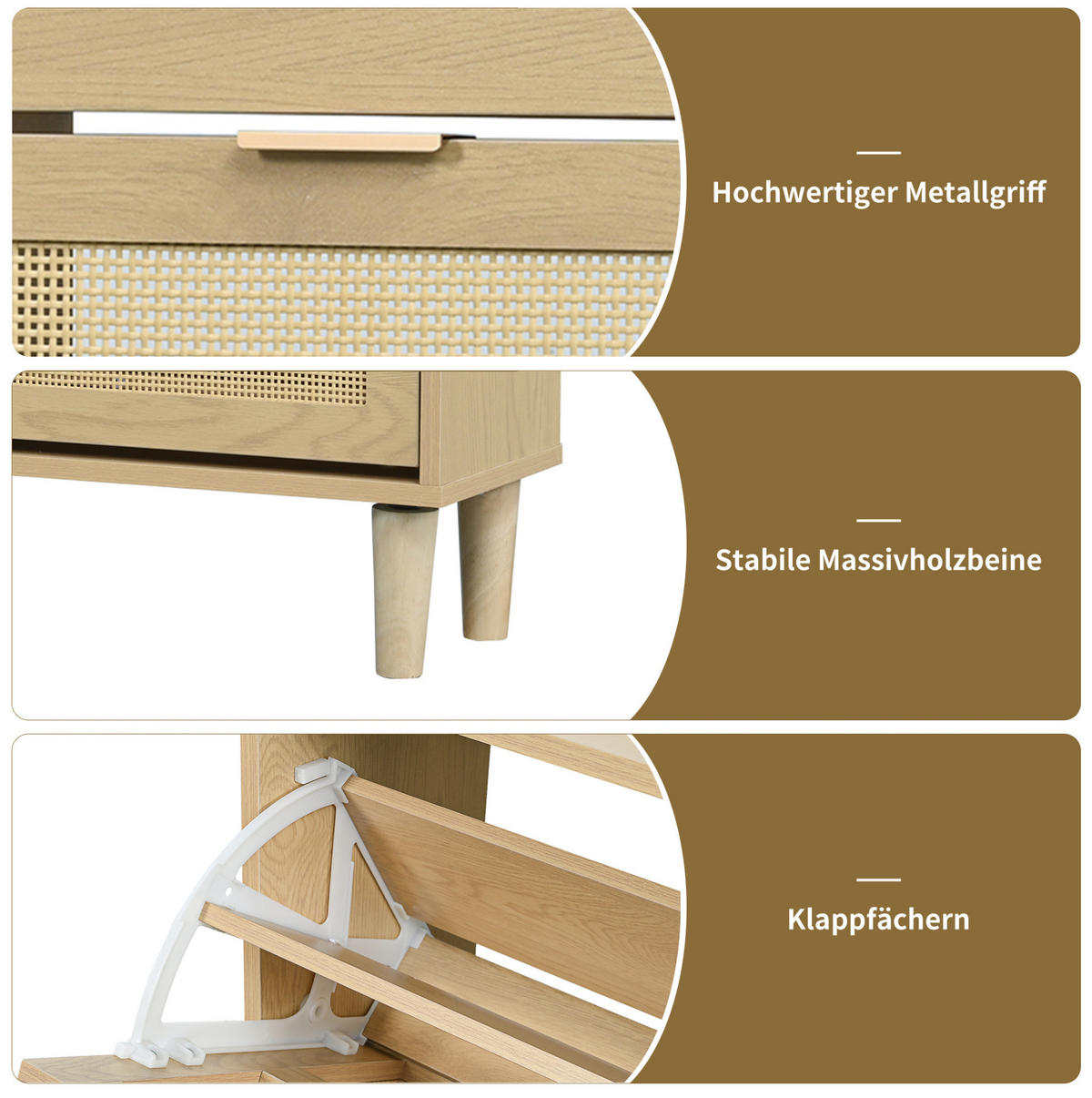 SCHUHSCHRANK 100/25/90 cm in Eichefarben mit Rattanfronten und 4 Klappen - Naturfarben, Holzwerkstoff (100/90/25cm) - Flora Grace