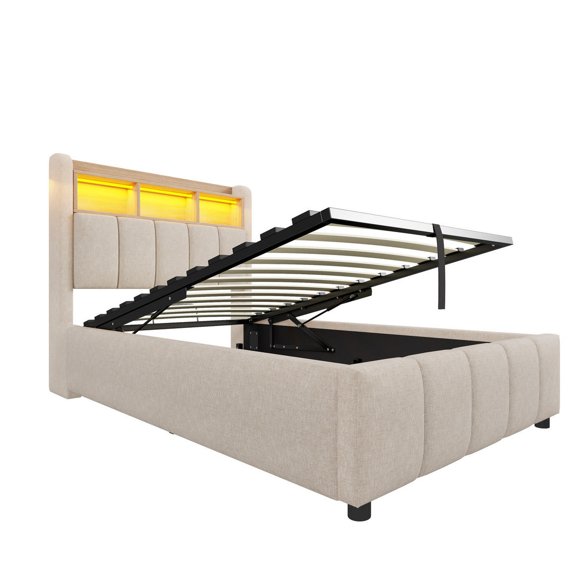 POLSTERBETT 90/200 cm Beige mit USB- und LED-Beleuchtung und hydraulischem Stauraum - Beige, Textil (90/200cm) - OKWISH