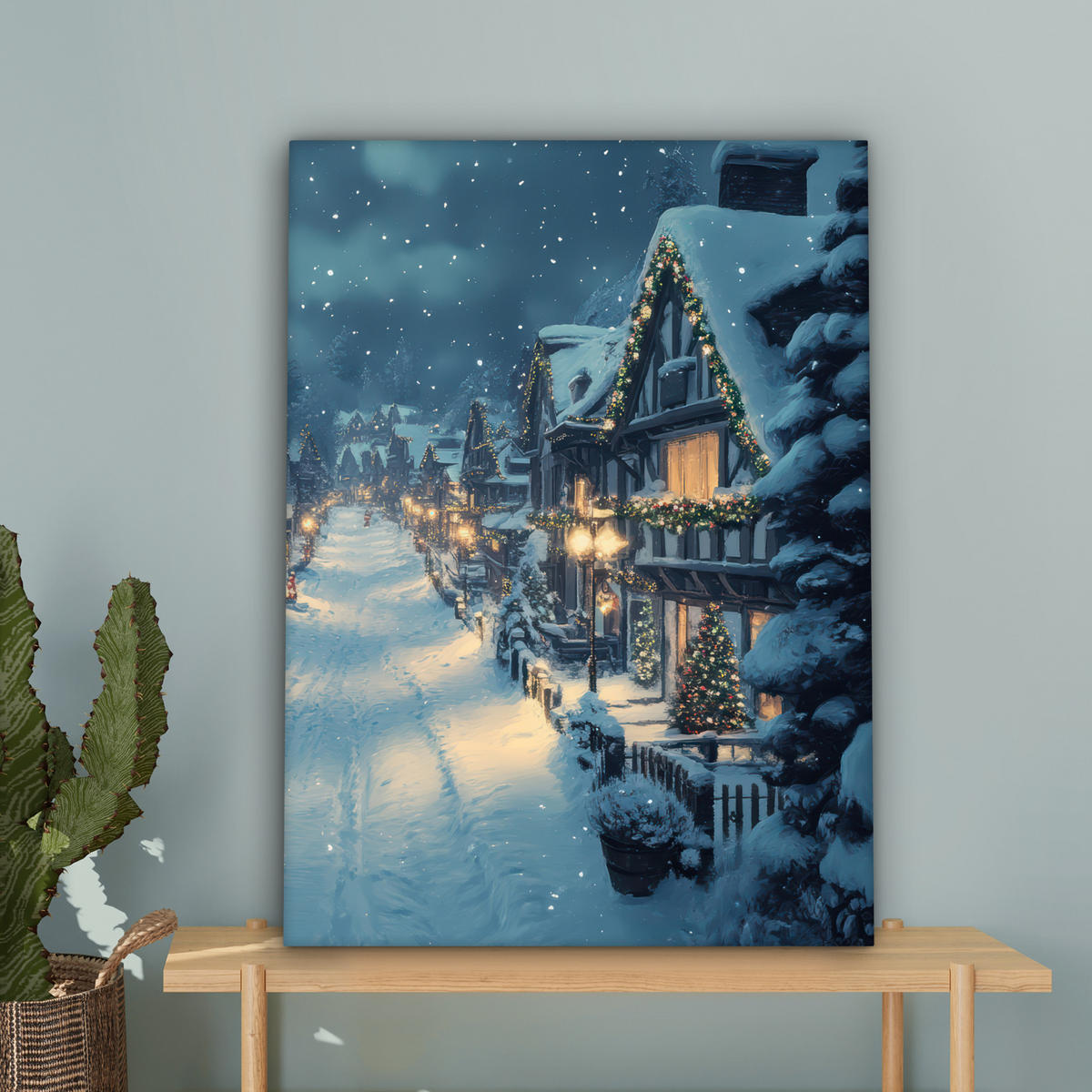 LEINWANDBILD Weihnachtsdorf - Weihnachten - Schnee - Winter 60x80 cm - Dunkelblau, Textil (60/80cm) - MuchoWow