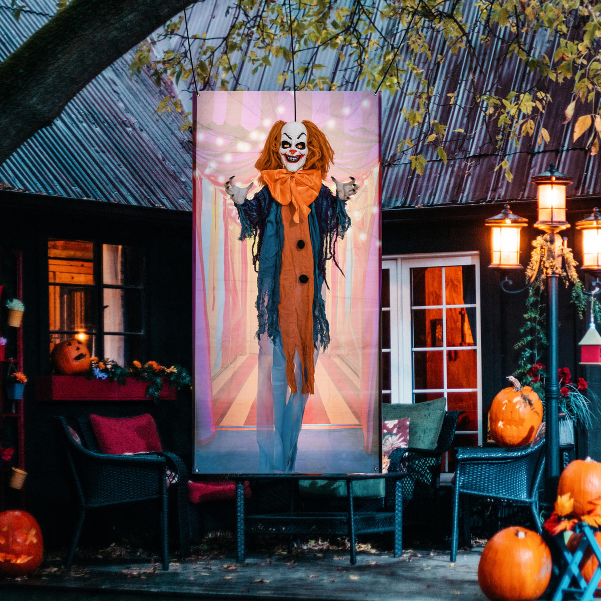 168CM Halloween Dekoration Halloween Zirkusclown mit LED-Lichter, Soundfunktion - Multicolor, Kunststoff (20/168/83cm) - HOMCOM