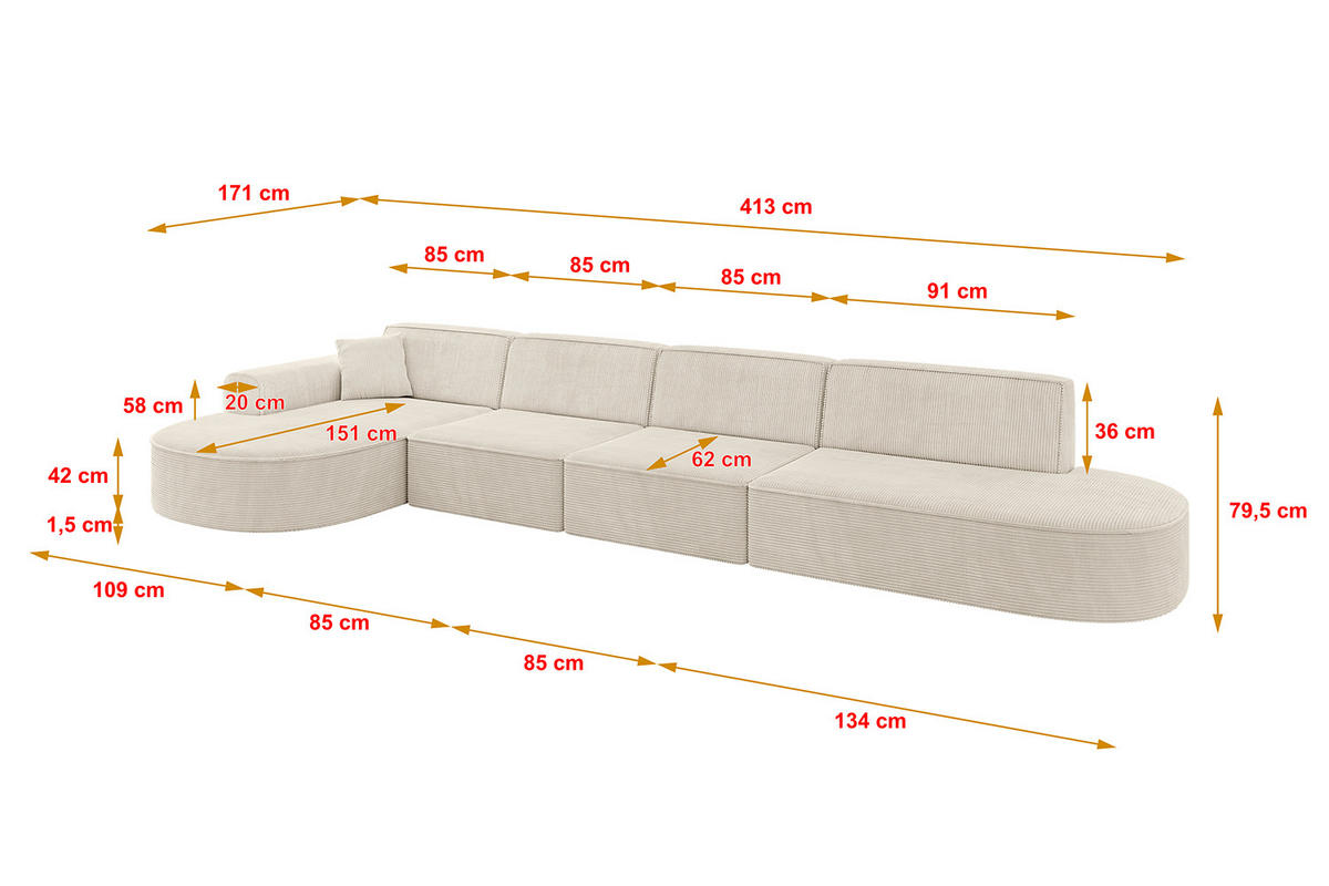 ECKSOFA Ottomane Links MARI-L3 - 413x171x79 cm Beige Cord - Beige/Schwarz, Holzwerkstoff/Kunststoff (165/406cm) - ALTDECOR