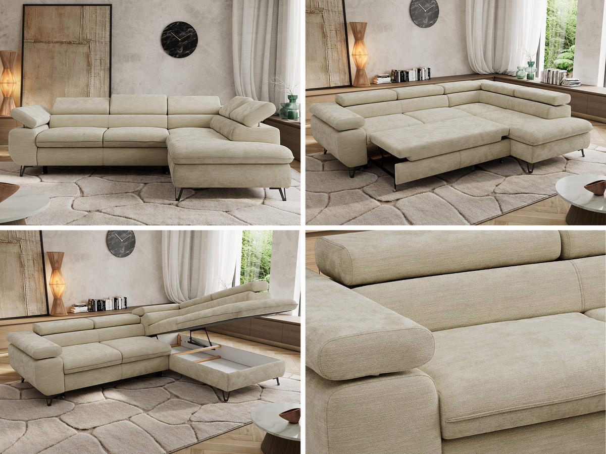 ECKSOFA PABLO L Beige Schenille glatt - Rechts Seite mit Visco Topper - Beige/Schwarz, Textil/Metall (273/208cm) - MKS